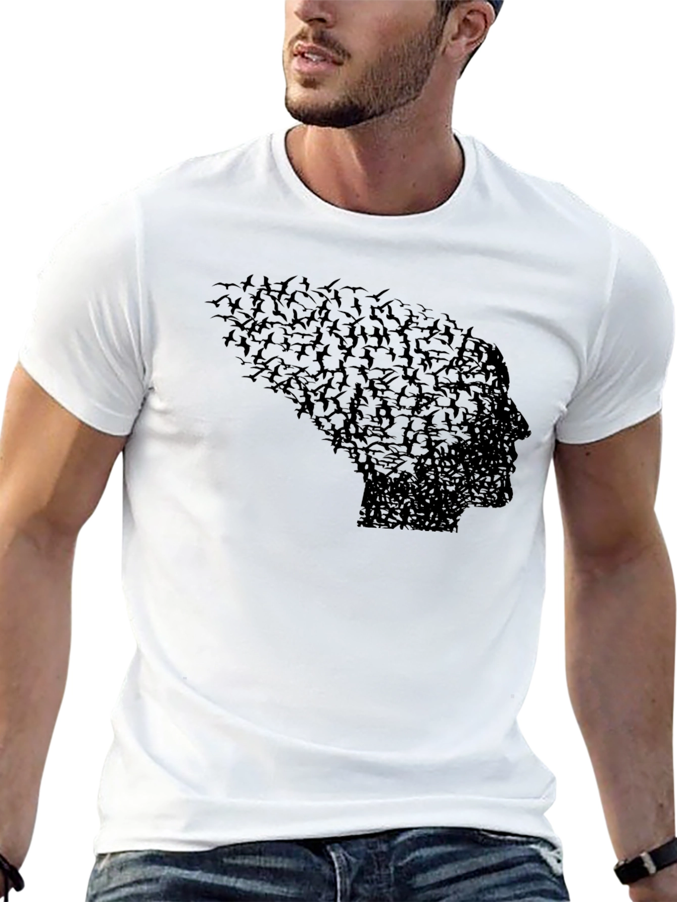 Black Birds Forming Head T-Shirt, Unique Graphic Tee, Black view 13