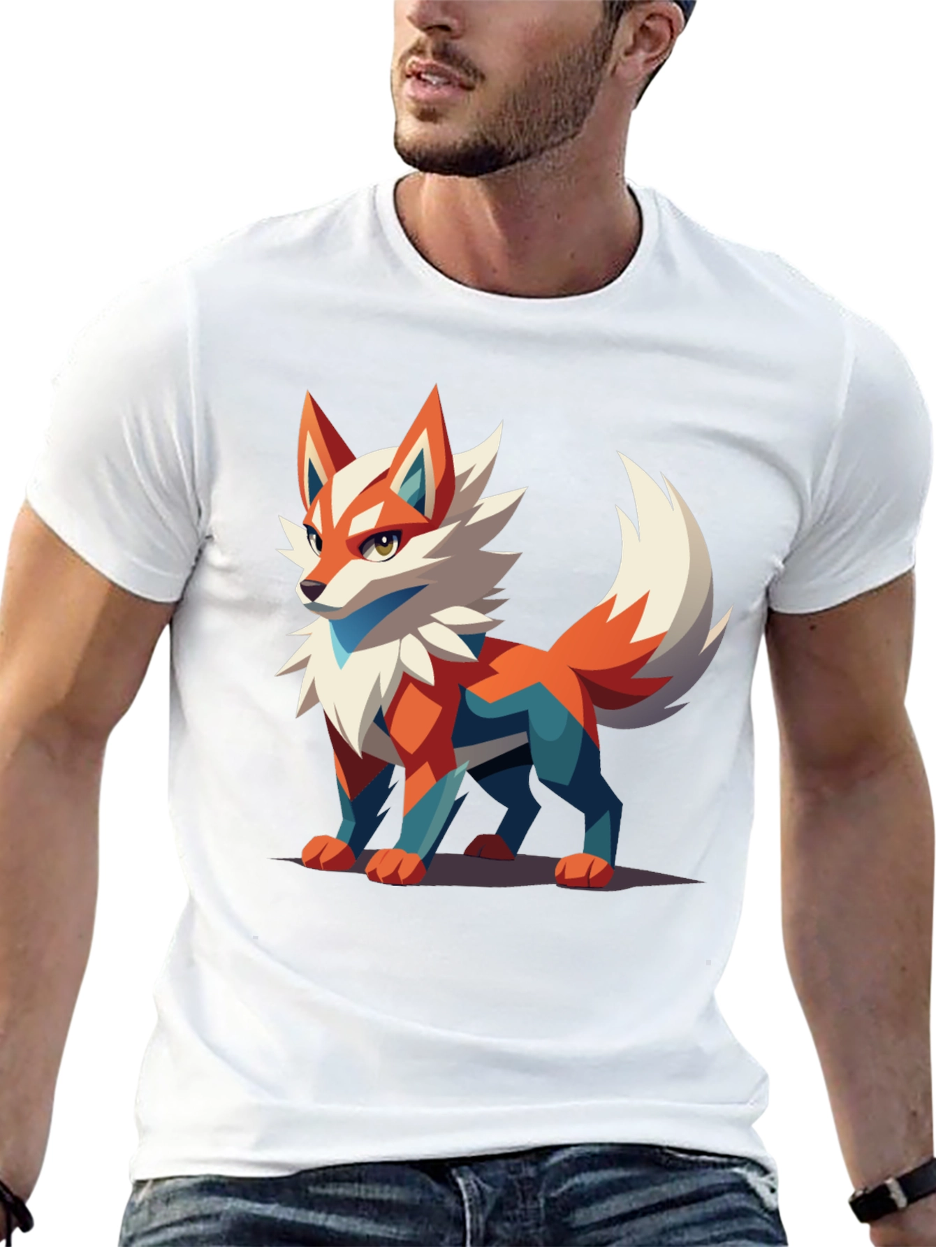 Black Men's Black T-Shirt with Geometric Fox Graphic view 13