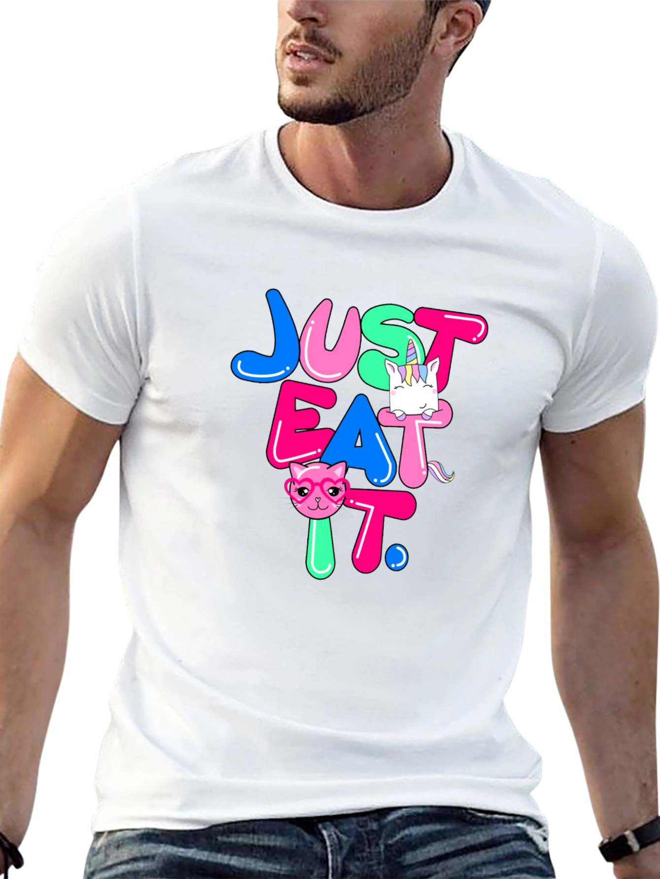 Black Just Eat It Graphic T-Shirt - Funny Cat & Unicorn Design view 13