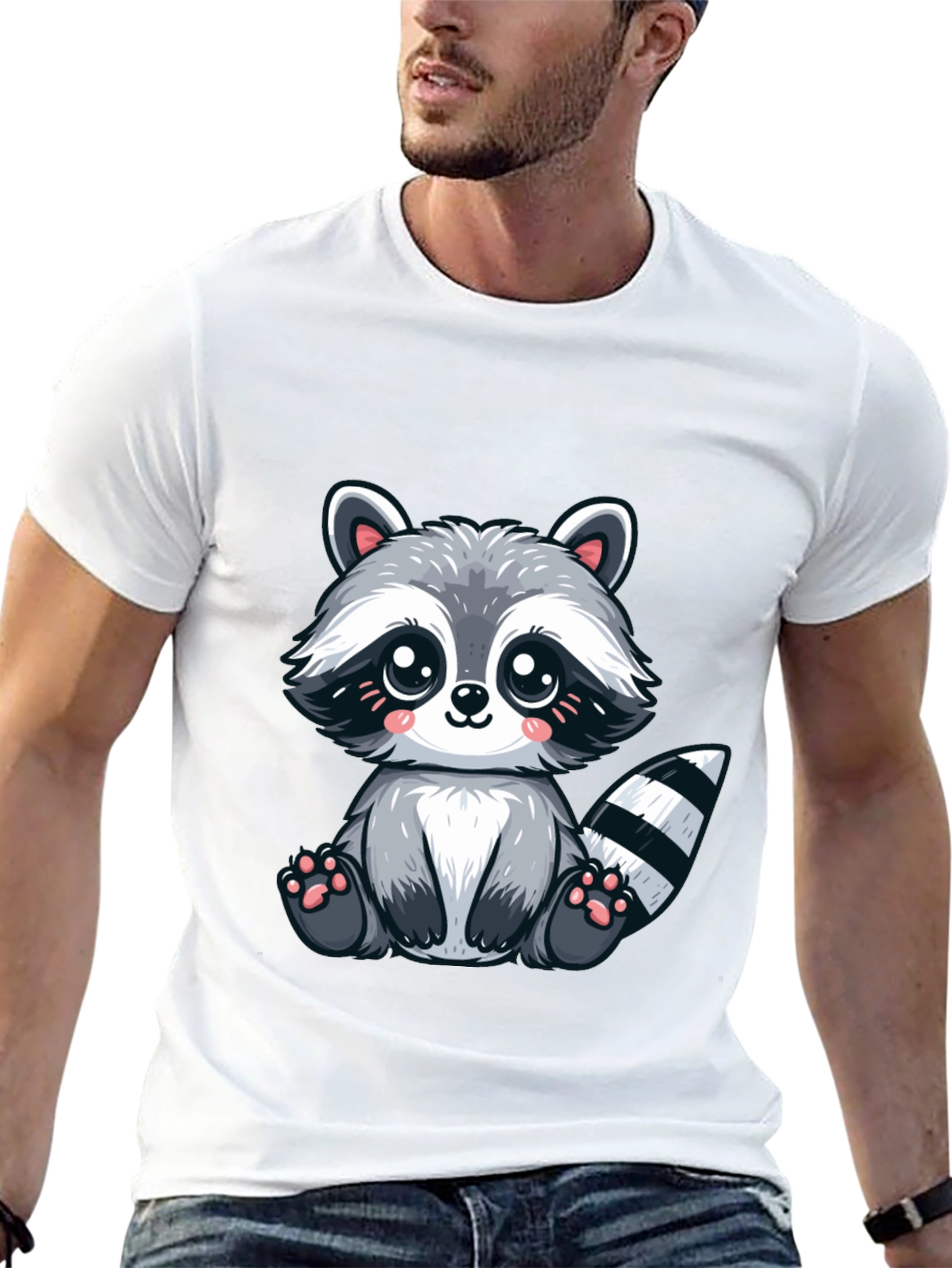 Black Cute Cartoon Raccoon Graphic Tee - Soft Black Cotton view 13