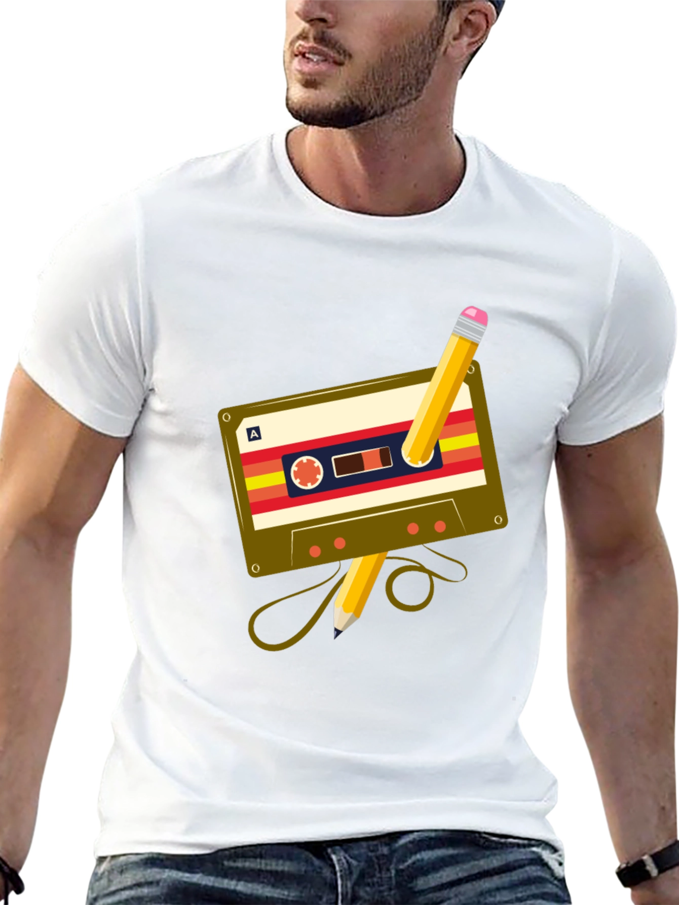 Black Retro Cassette & Pencil Graphic Tee - Music Lover's T-Shirt view 13