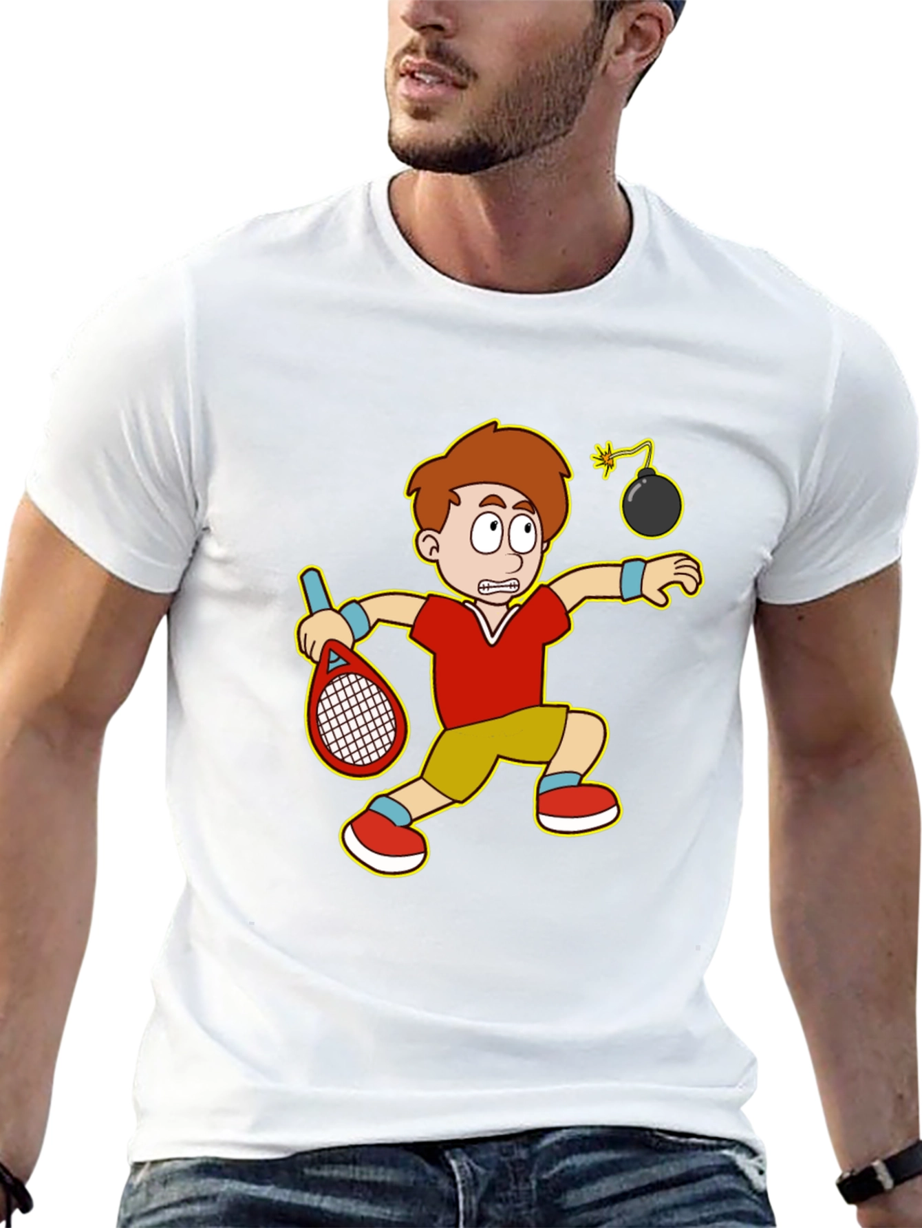 Black Funny Tennis Player Cartoon Graphic T-Shirt view 13