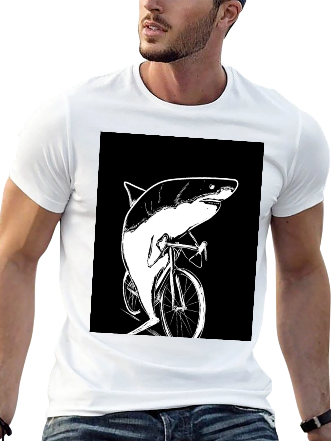 Black Shark on Bike T-Shirt - Funny Animal Graphic Tee view 13