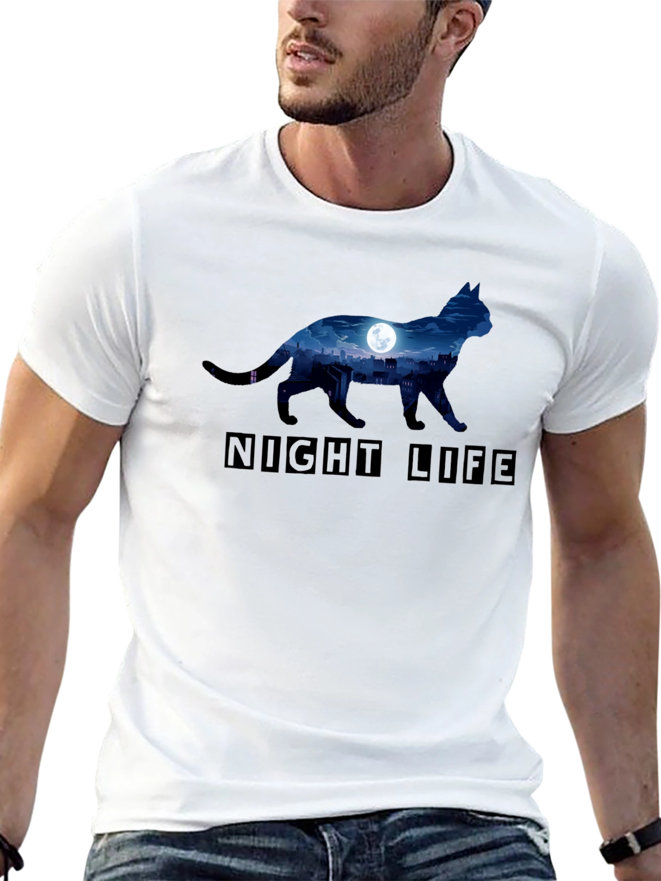 Night Life Cat Graphic T-Shirt - 13