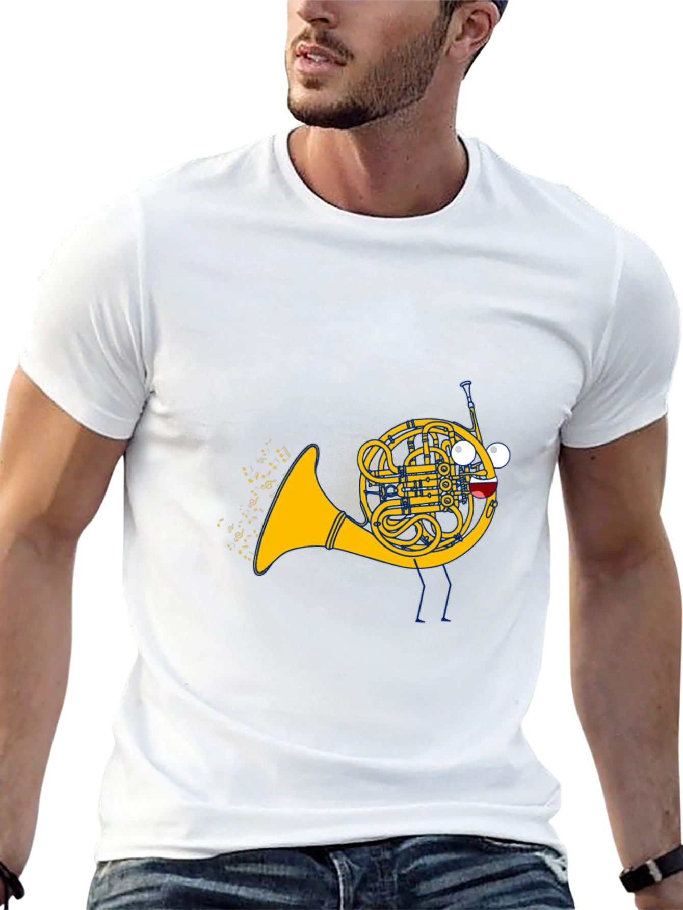 Black Musical French Horn Cartoon T-Shirt view 13