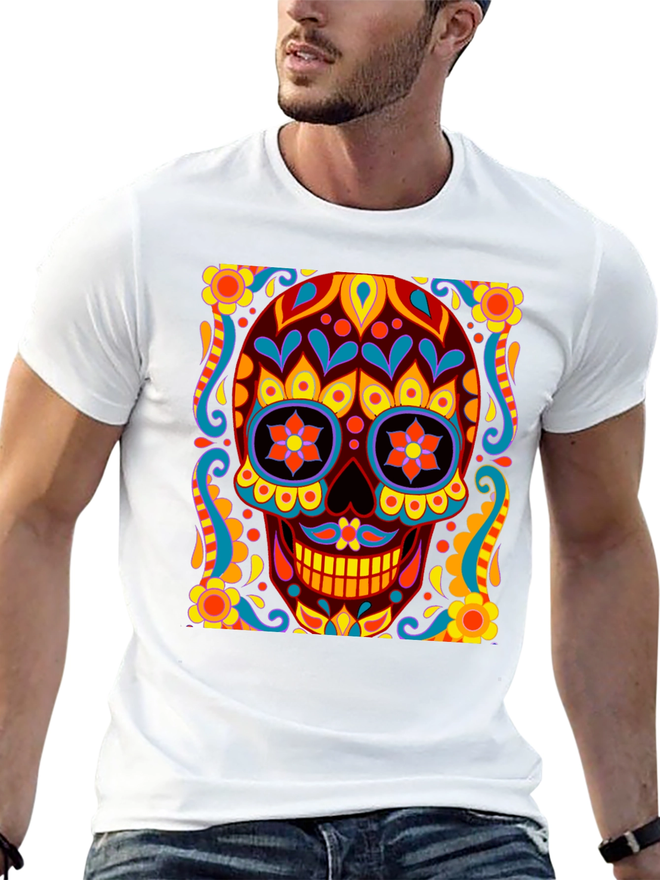 Black Day of the Dead Skull Graphic Black T-Shirt view 13