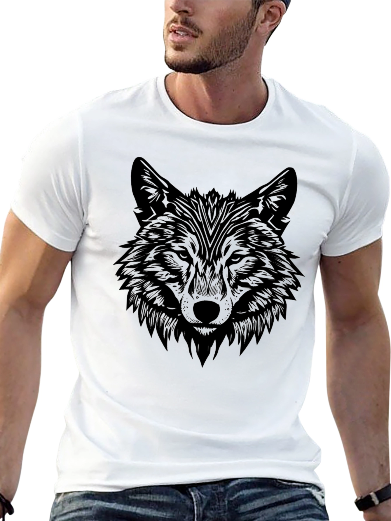 Black Wolf Graphic Print Black T-Shirt for Men view 13