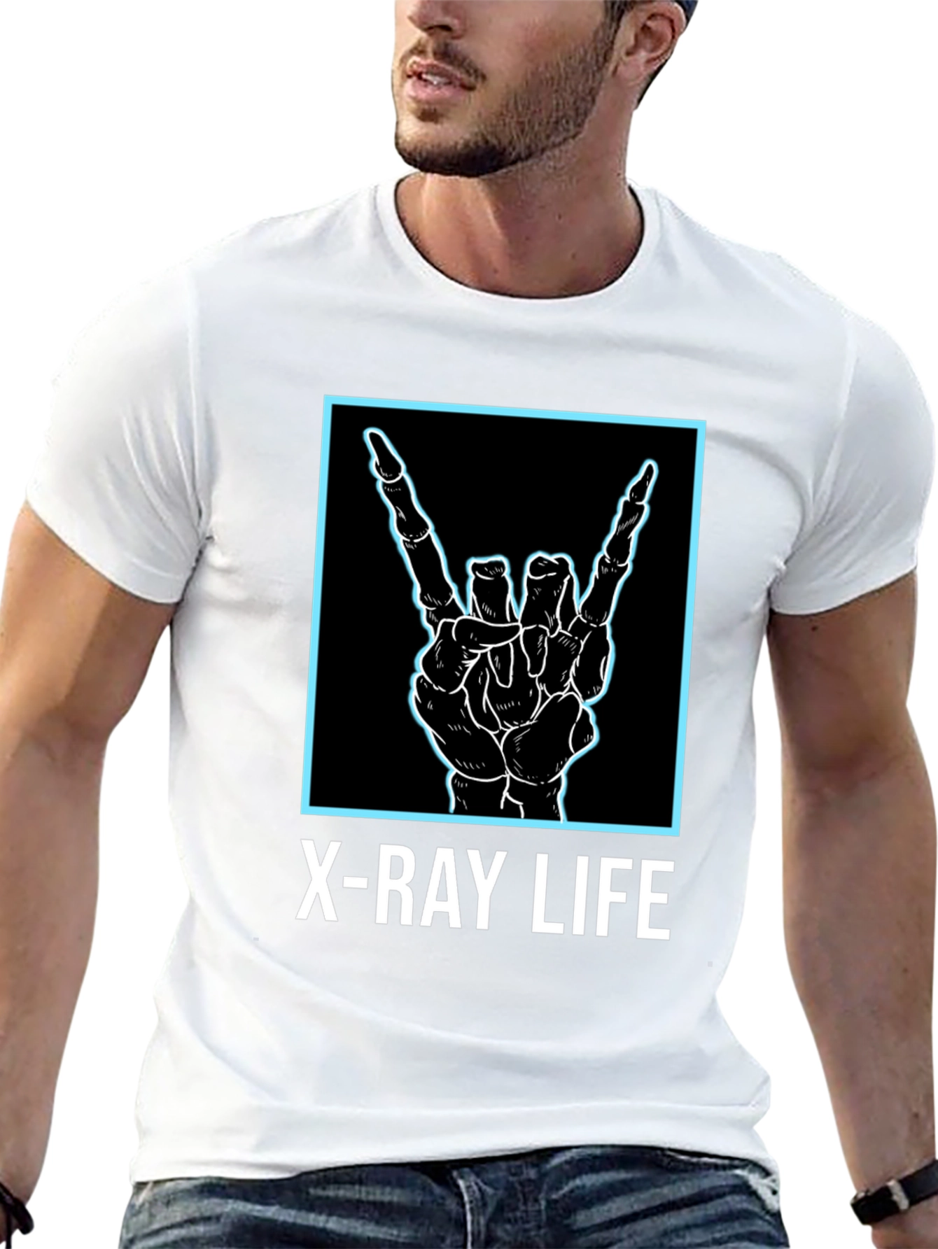 Black X-Ray Life Skeleton Hand Rock On T-Shirt view 13