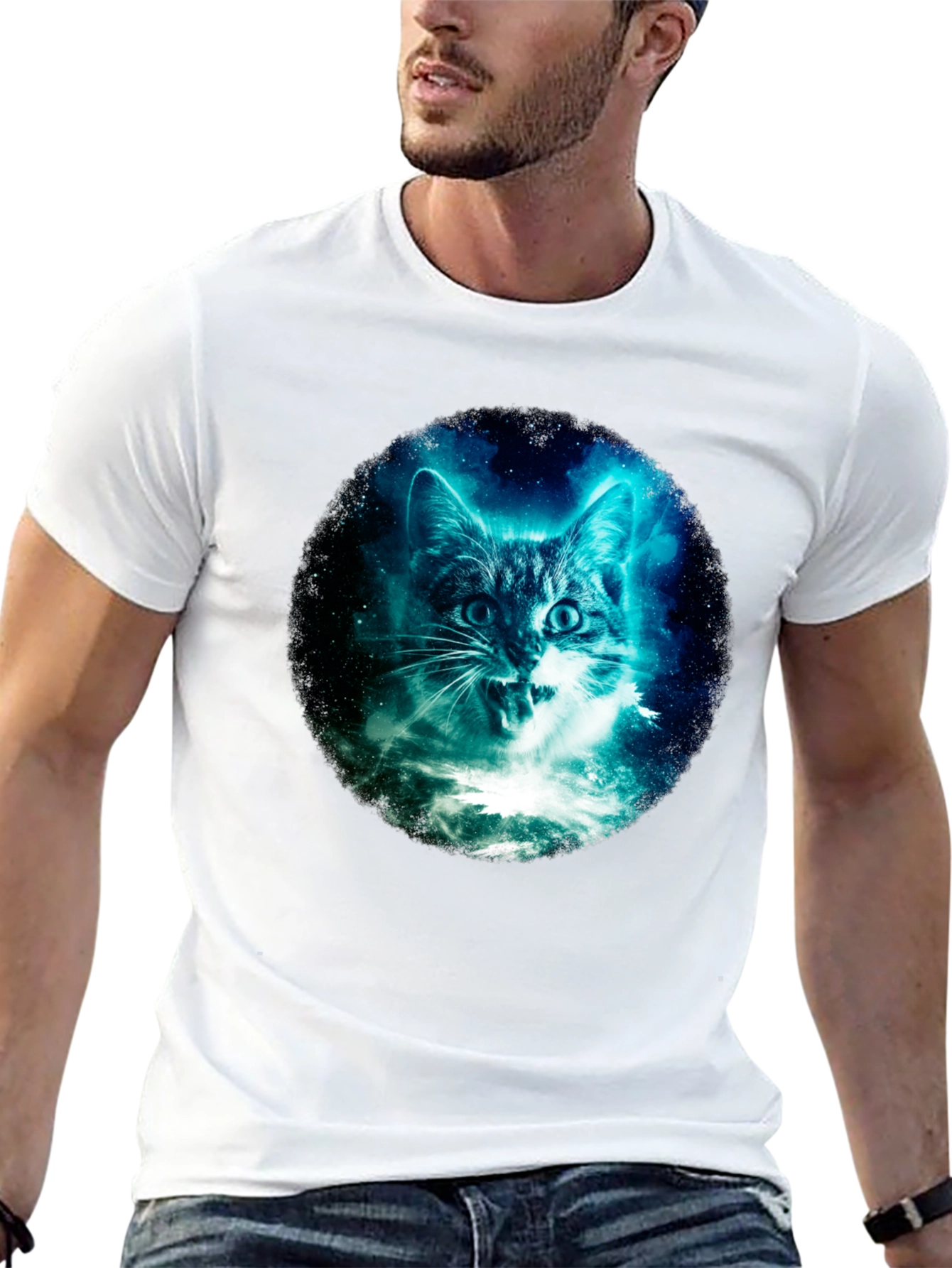 Black Galaxy Cat Graphic Tee - Black Cotton T-Shirt view 13