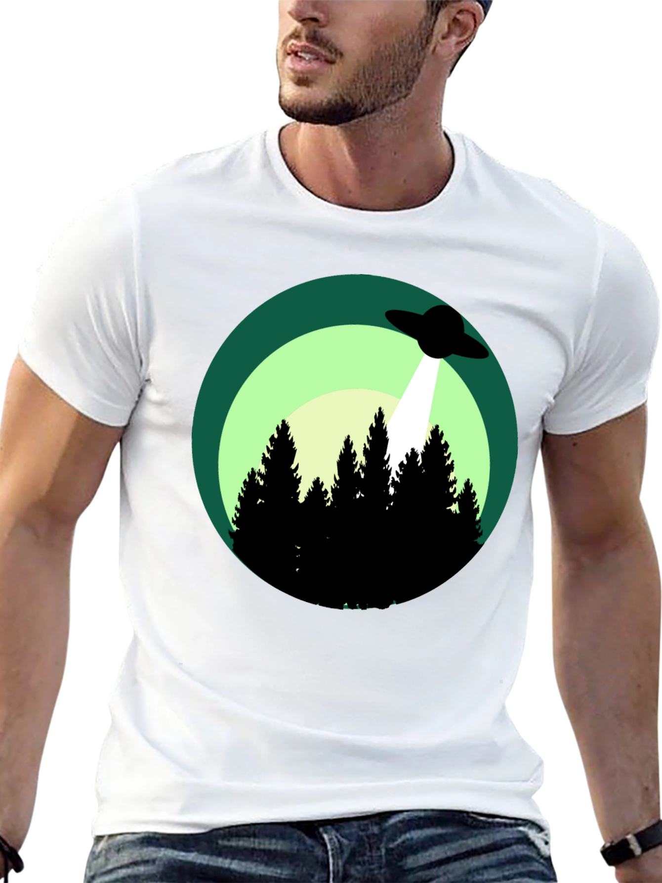 Black UFO Abduction Graphic Tee - Forest Scene Black T-Shirt view 13