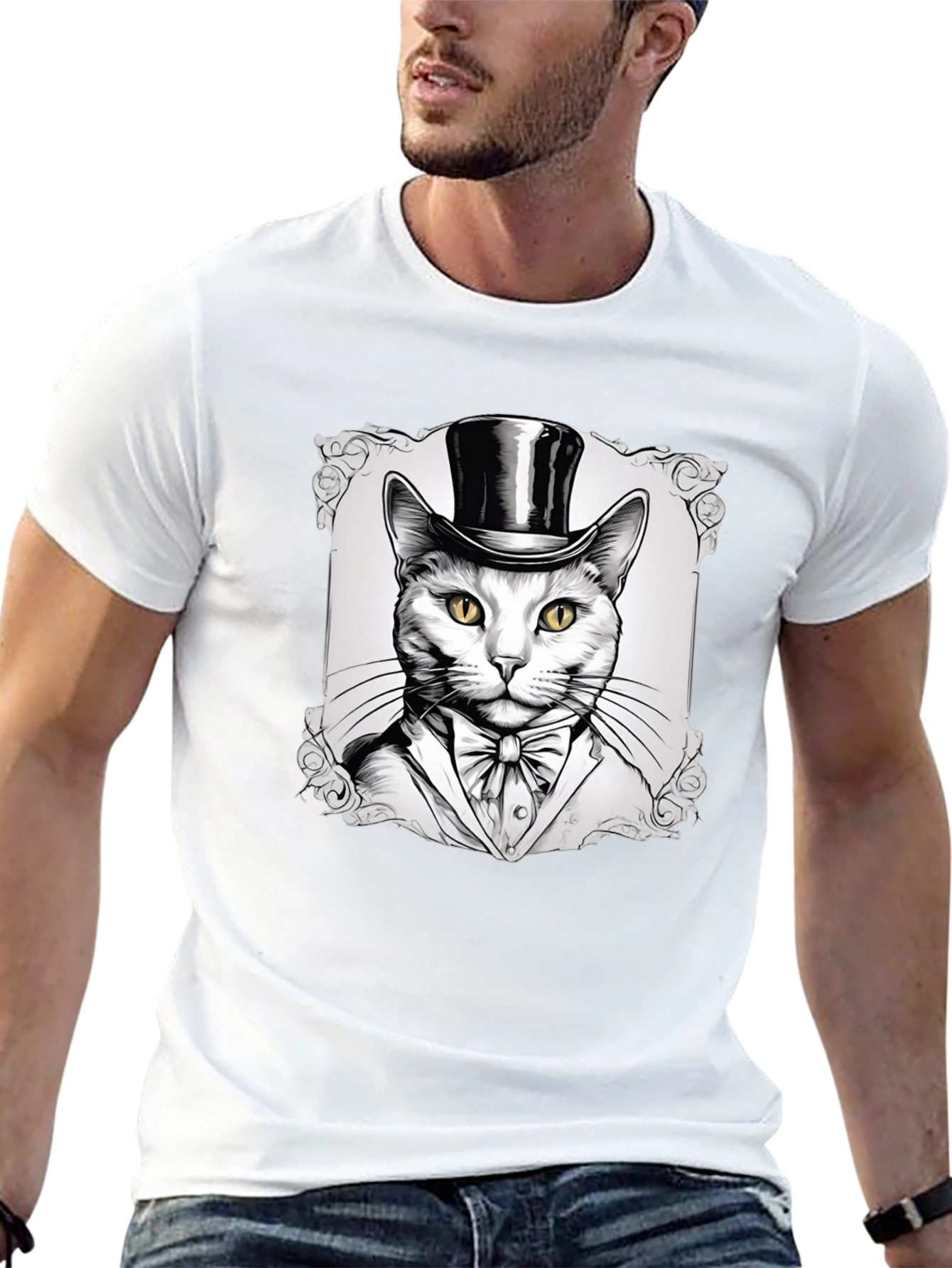 Black Top Hat Cat Graphic T-Shirt - Stylish Feline Design view 13