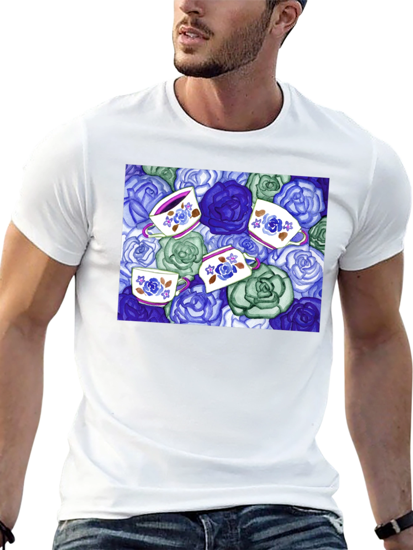 Black Floral Tea Cup T-Shirt - Unique Design view 13