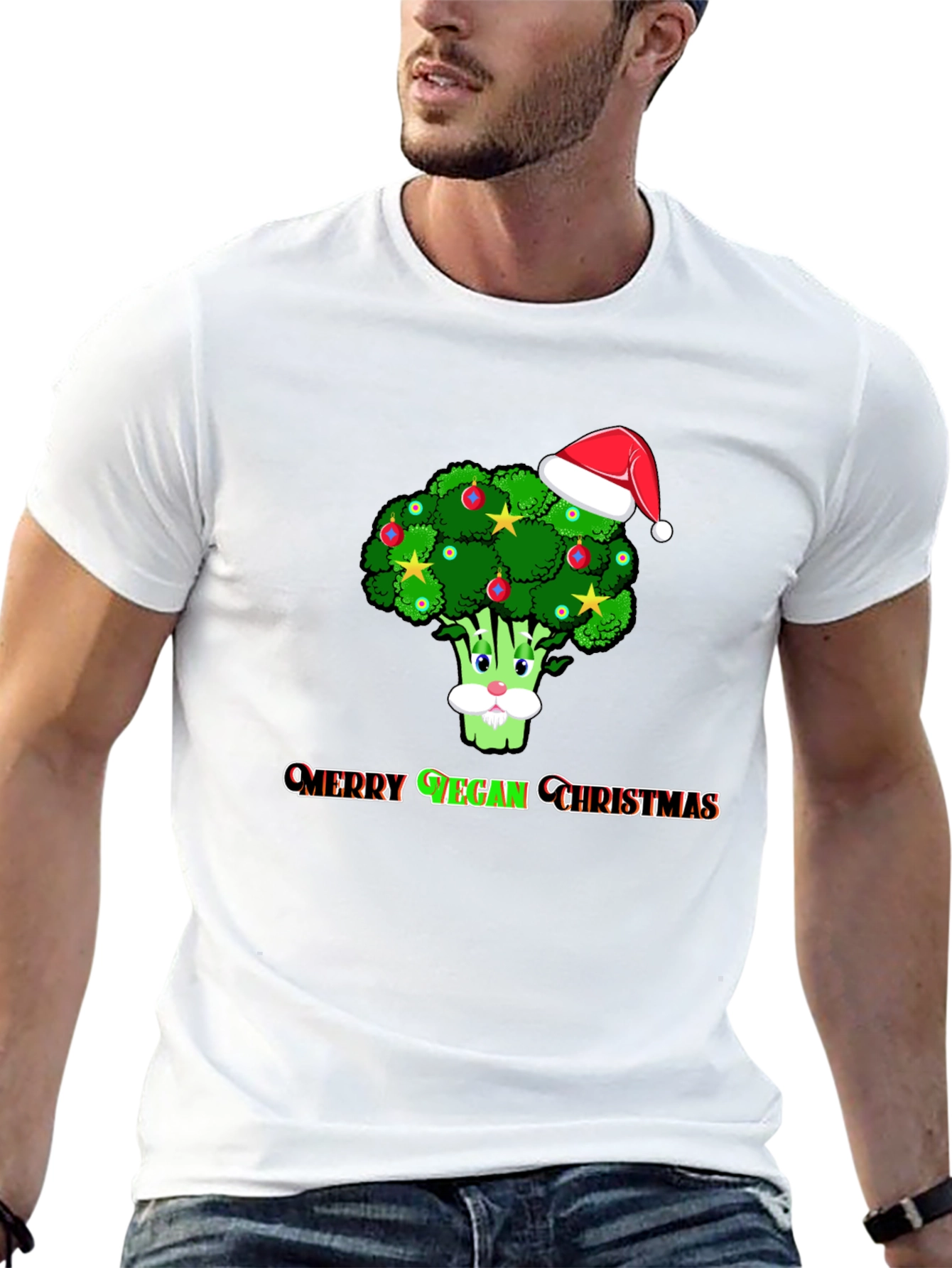 Black Merry Vegan Christmas T-Shirt - Broccoli Santa Hat view 13