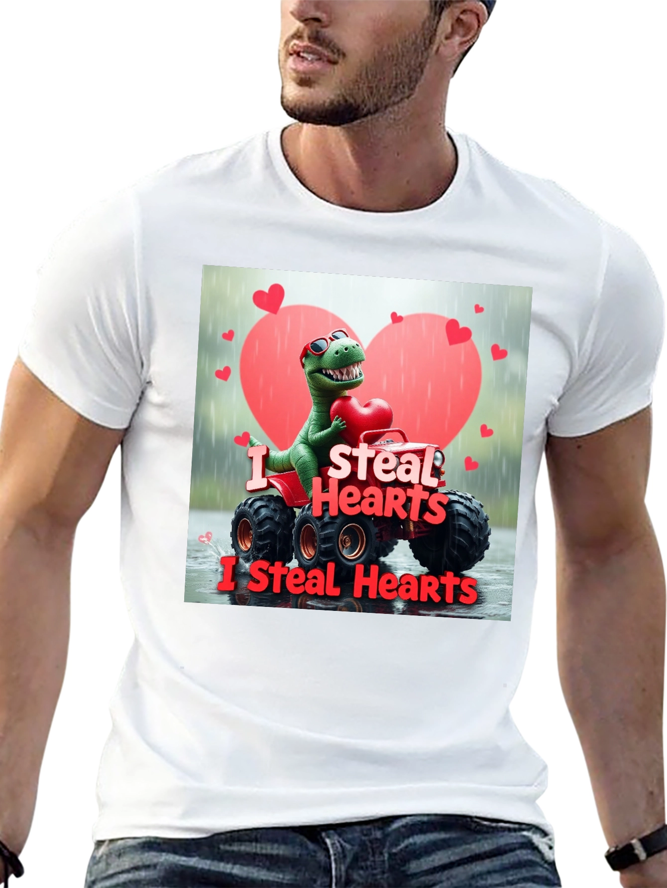 Black I Steal Hearts Dinosaur Monster Truck Valentine's Day T-Shirt view 13
