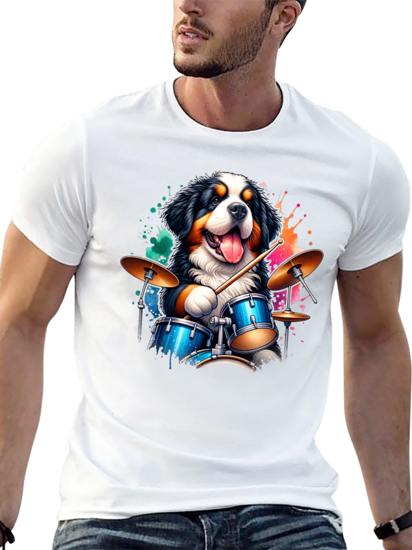 Black Drummer Dog Graphic Tee - Black Cotton T-Shirt view 13