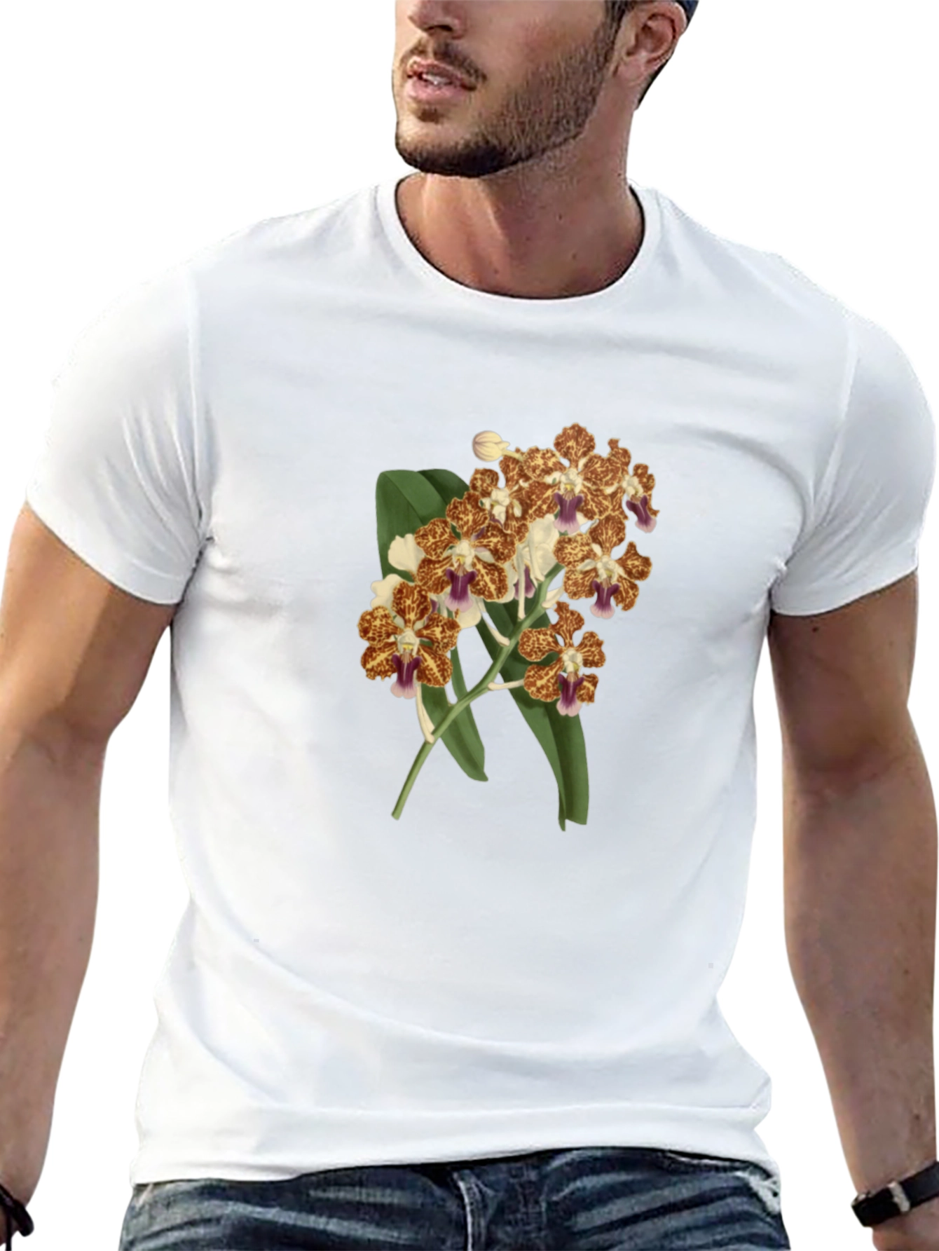Black Floral Orchid Print Black T-Shirt view 13