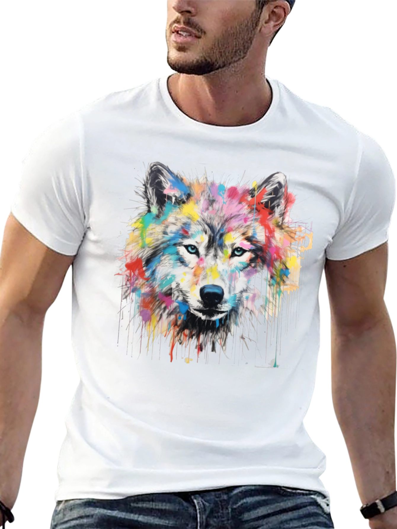 Black Colorful Wolf Graphic Print Men's Black T-Shirt view 13