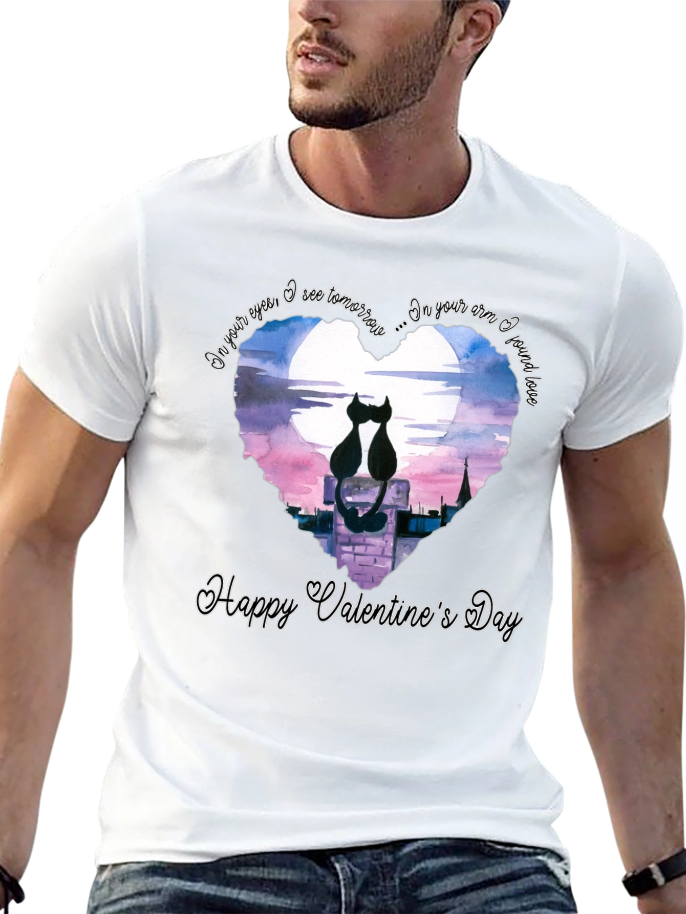 Black Valentine's Cat Lovers Black T-Shirt view 13