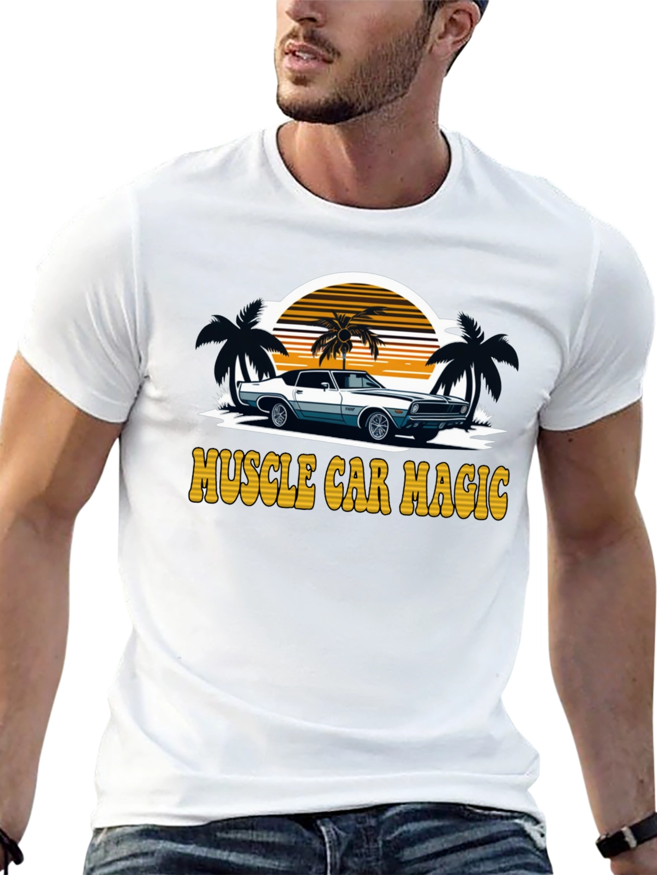 Black Muscle Car Magic Tee - Vintage Sunset Design view 13