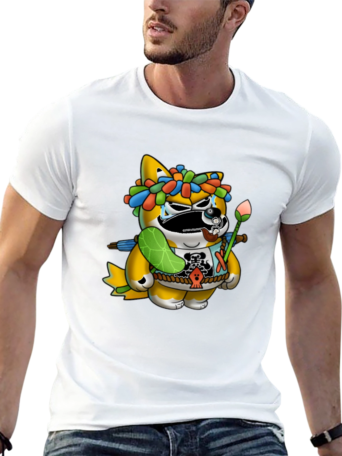 Black Unique Graphic Tee - Cartoon Tanuki Design view 13