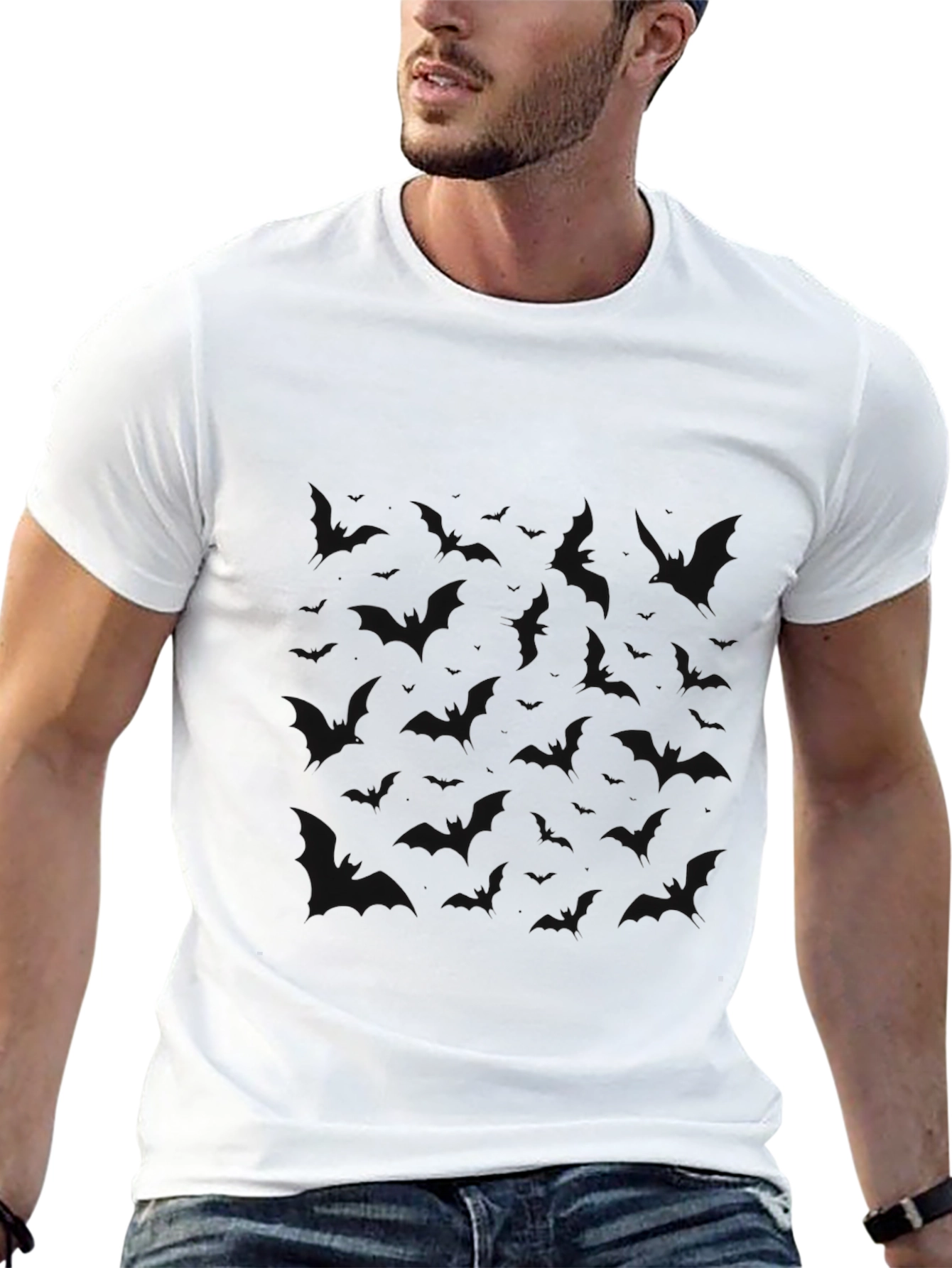 Black Men's Black T-Shirt with Bat Pattern view 13