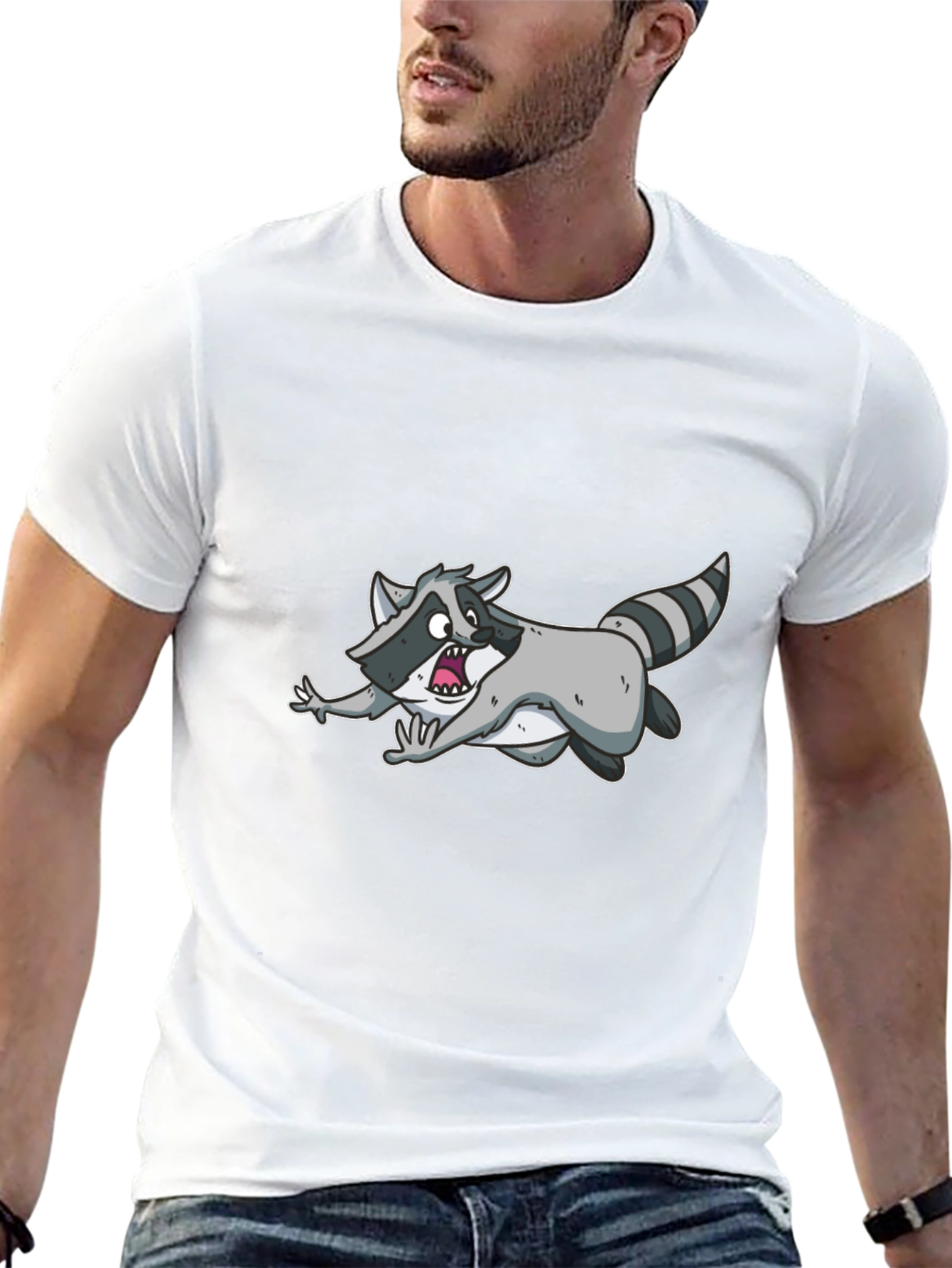 Black Funny Raccoon Cartoon Graphic Black T-Shirt view 13