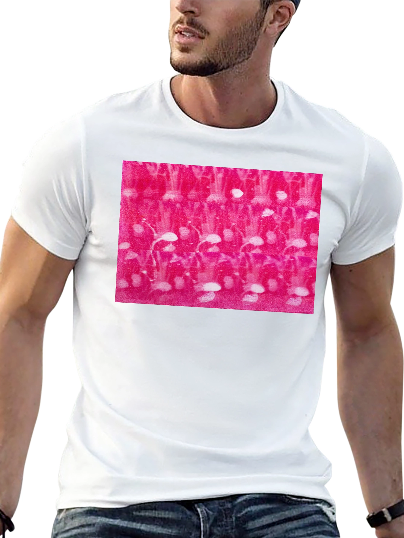 Black Abstract Pink and White Pattern Black T-Shirt view 13
