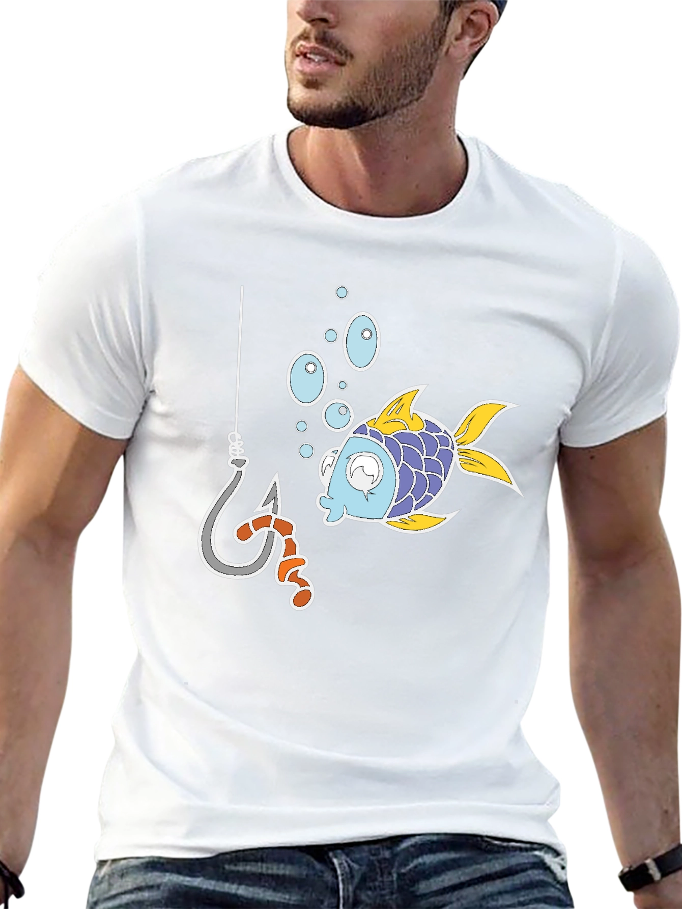 Black Funny Fish Hook Cartoon Graphic Tee view 13
