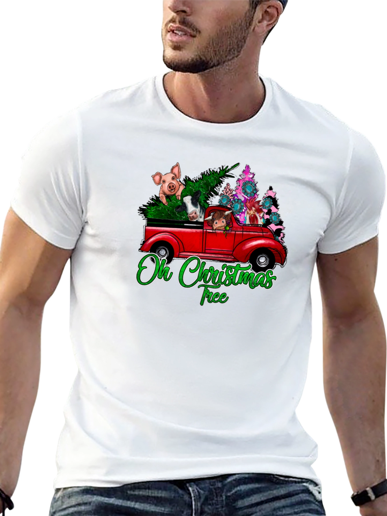 Black Oh Christmas Tree Animals Truck T-Shirt view 13