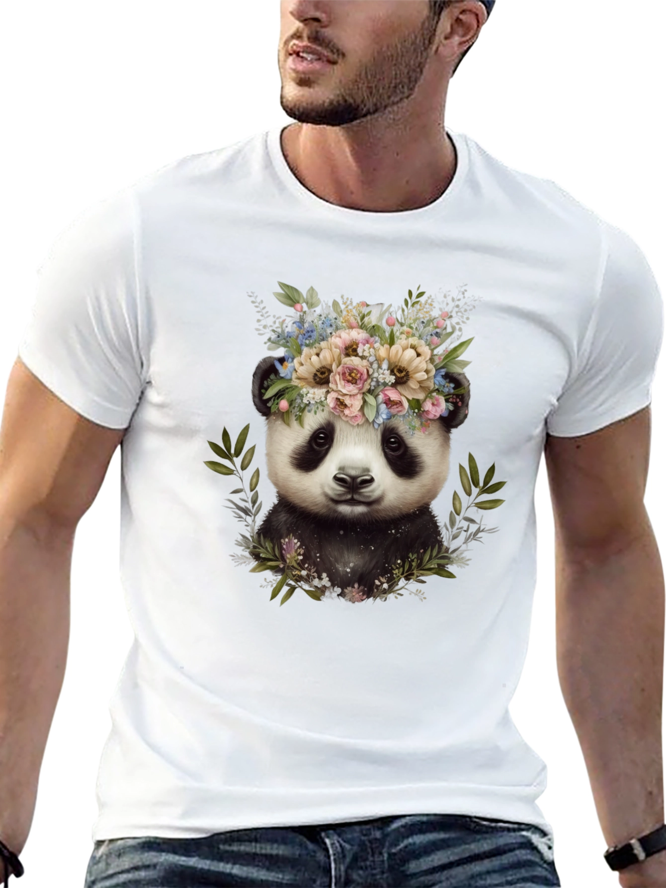 Black Panda Floral Wreath Tee - Unique Graphic Print T-Shirt view 13