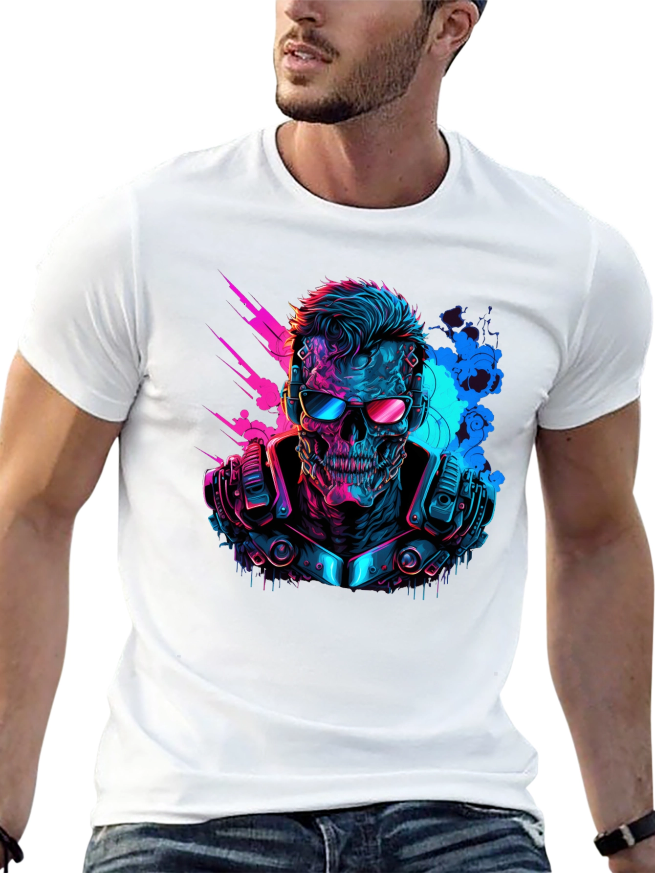 Black Cyberpunk Skull T-Shirt - Neon Techwear view 13