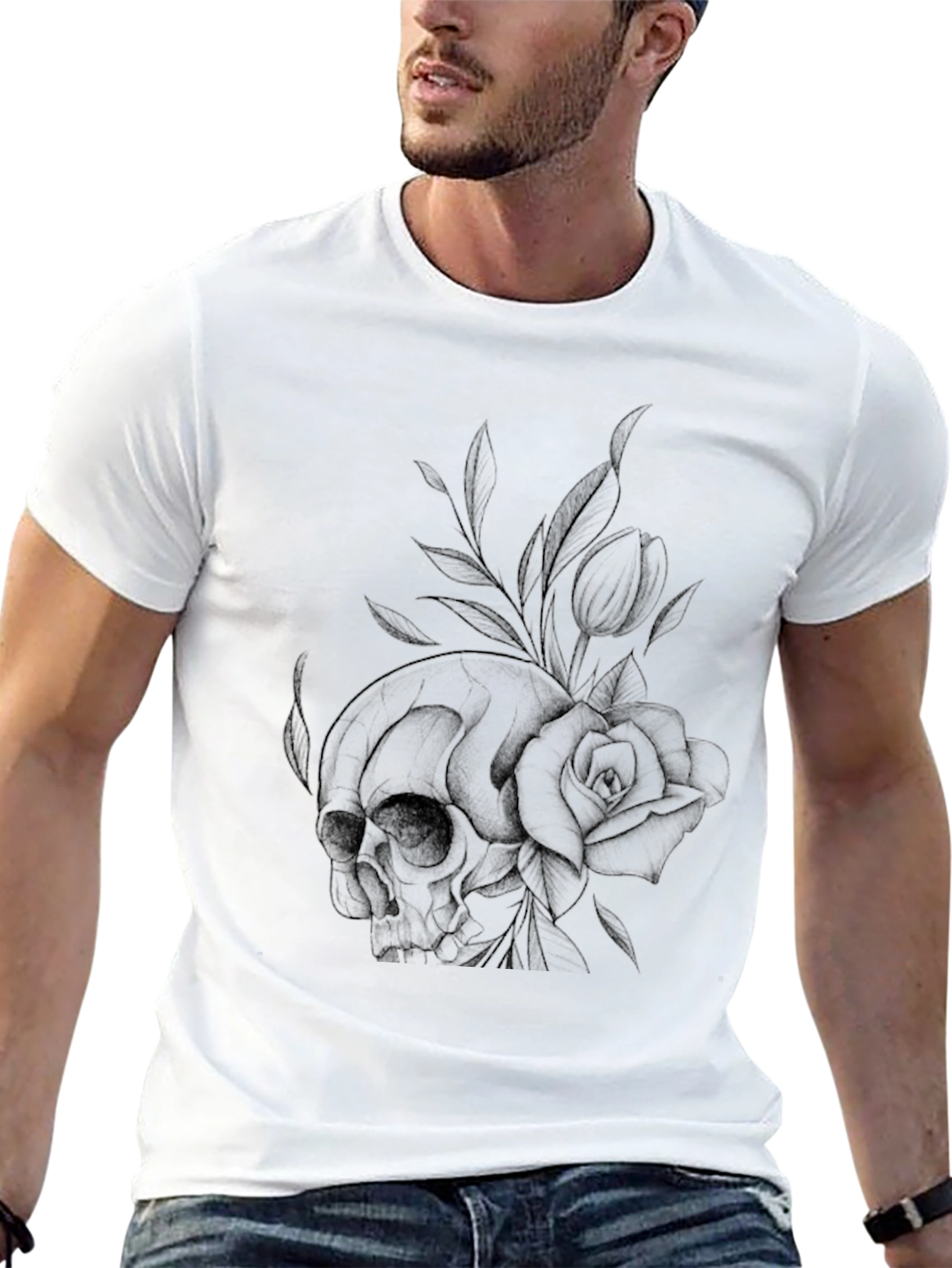 Black Skull & Rose Graphic Print T-Shirt - Casual Style view 13