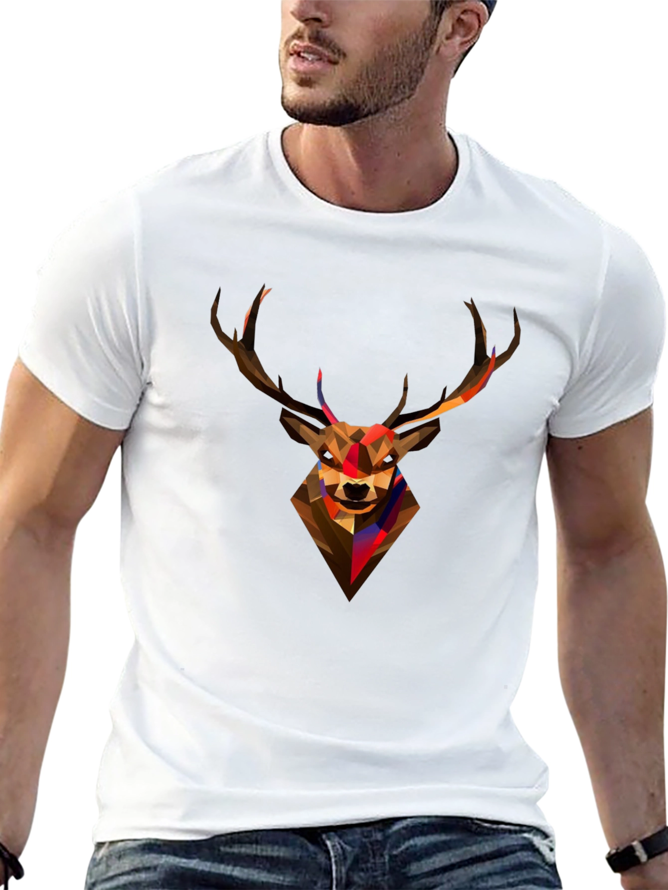 Black Geometric Deer Head Black T-Shirt - Modern Graphic Tee view 13