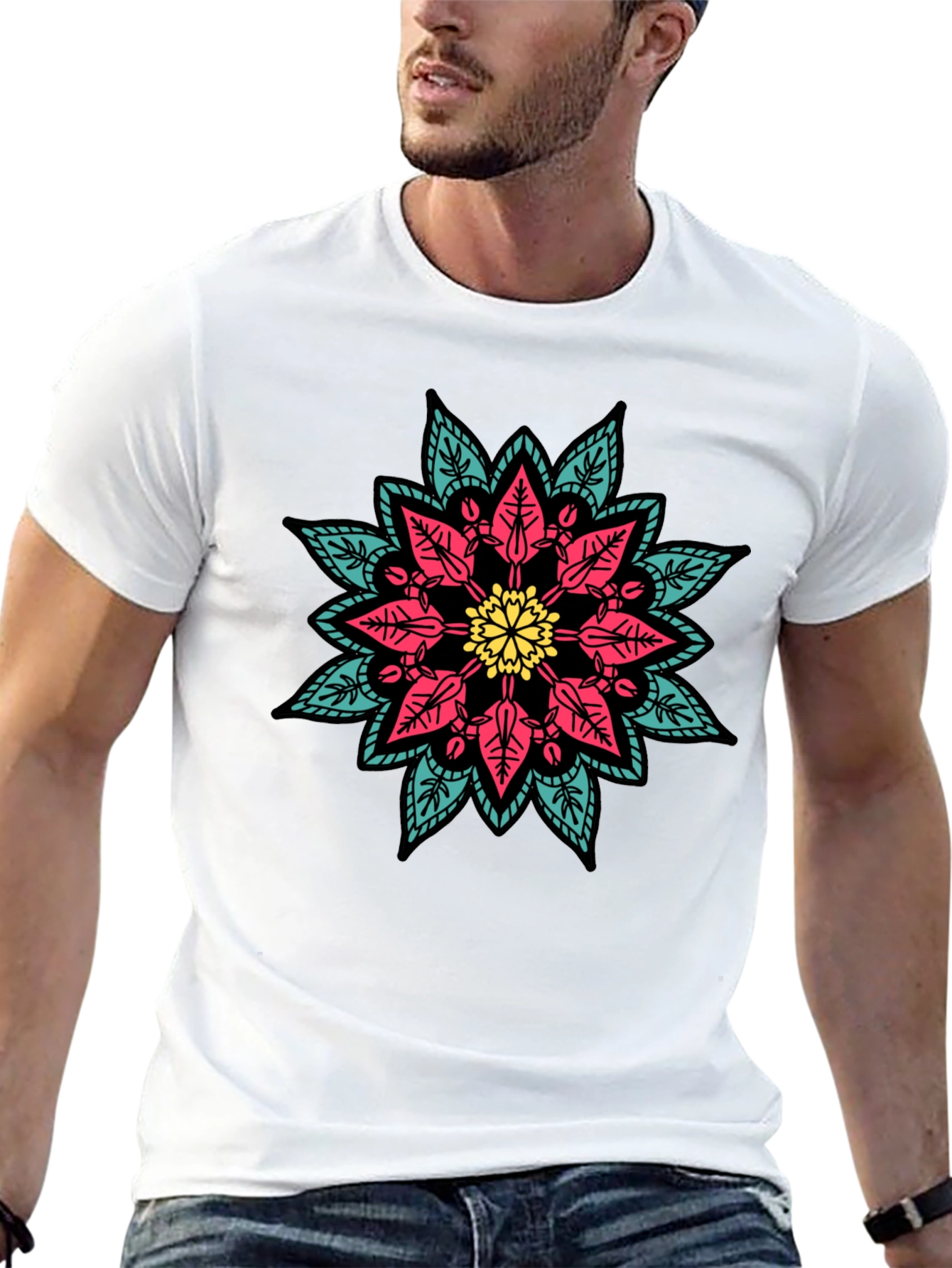 Black Geometric Mandala Graphic Print Black T-Shirt view 13