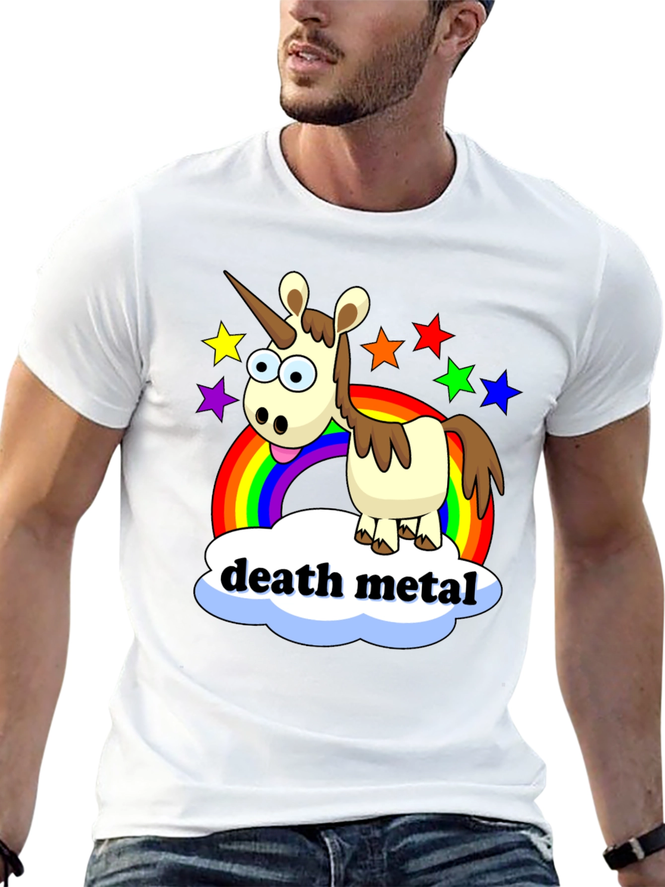 Black Death Metal Unicorn T-Shirt - Rainbow Star Design view 13