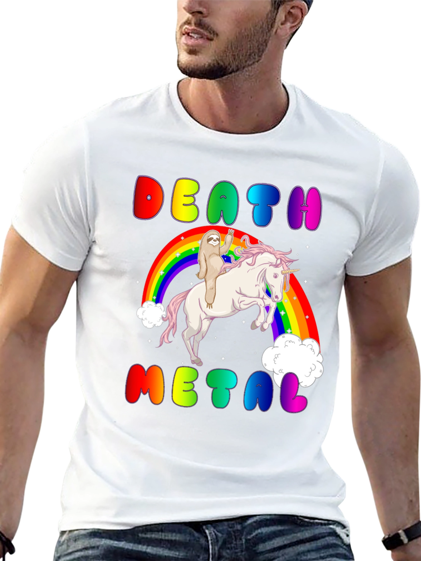 Black Death Metal Sloth Riding Unicorn T-Shirt view 13