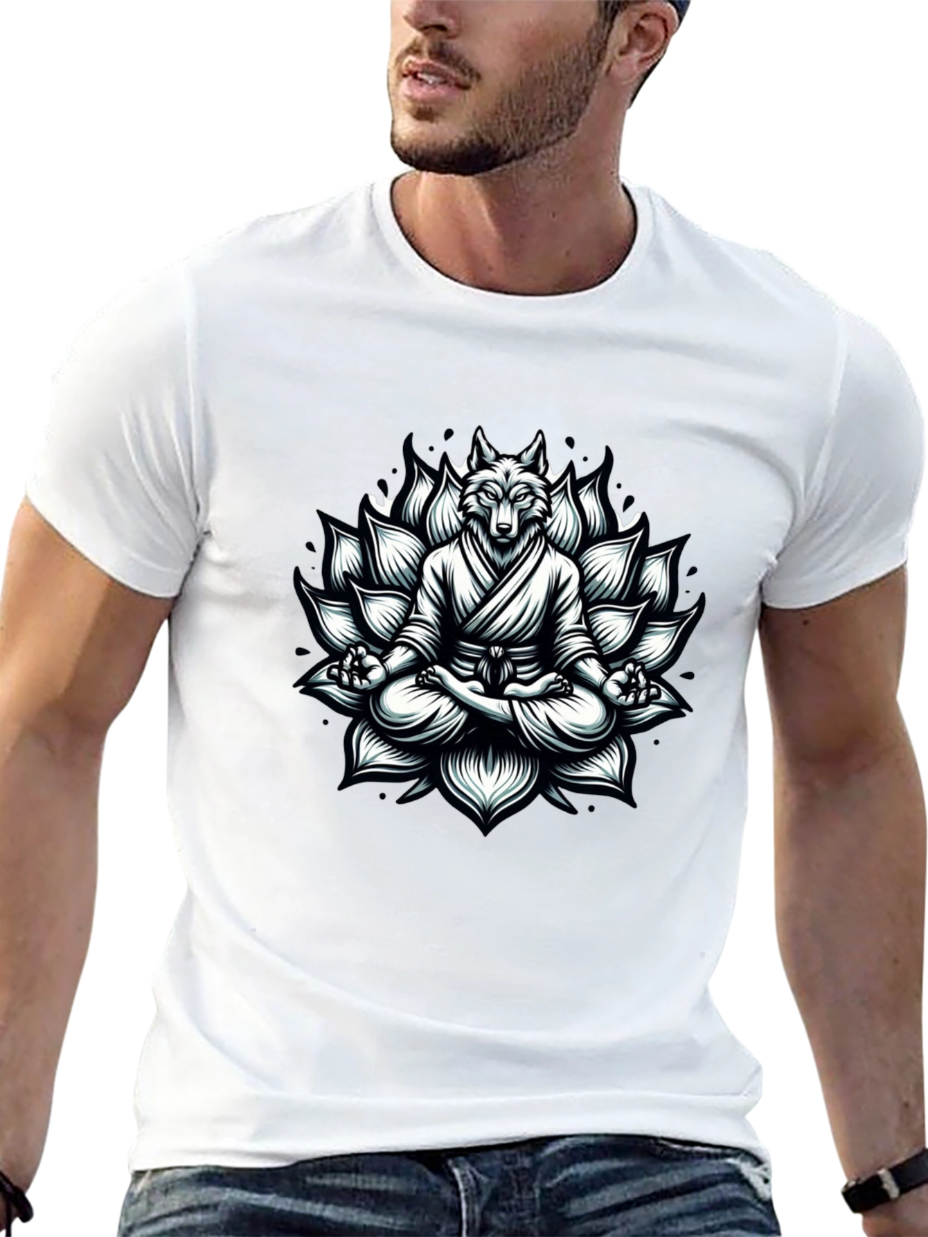 Black Zen Wolf T-Shirt: Meditating Lotus Design view 13