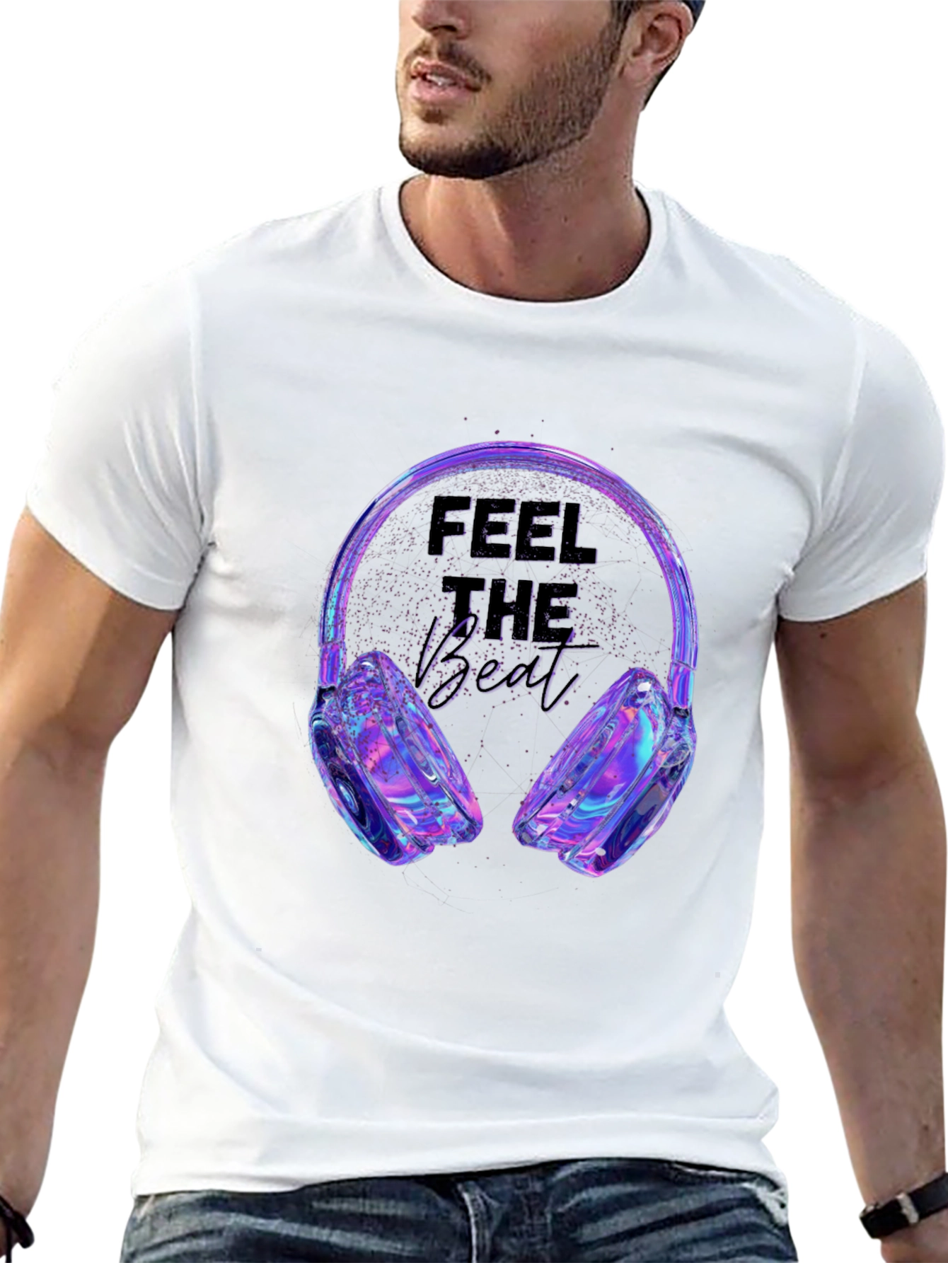Black Feel the Beat T-Shirt - Holographic Headphones Design view 13