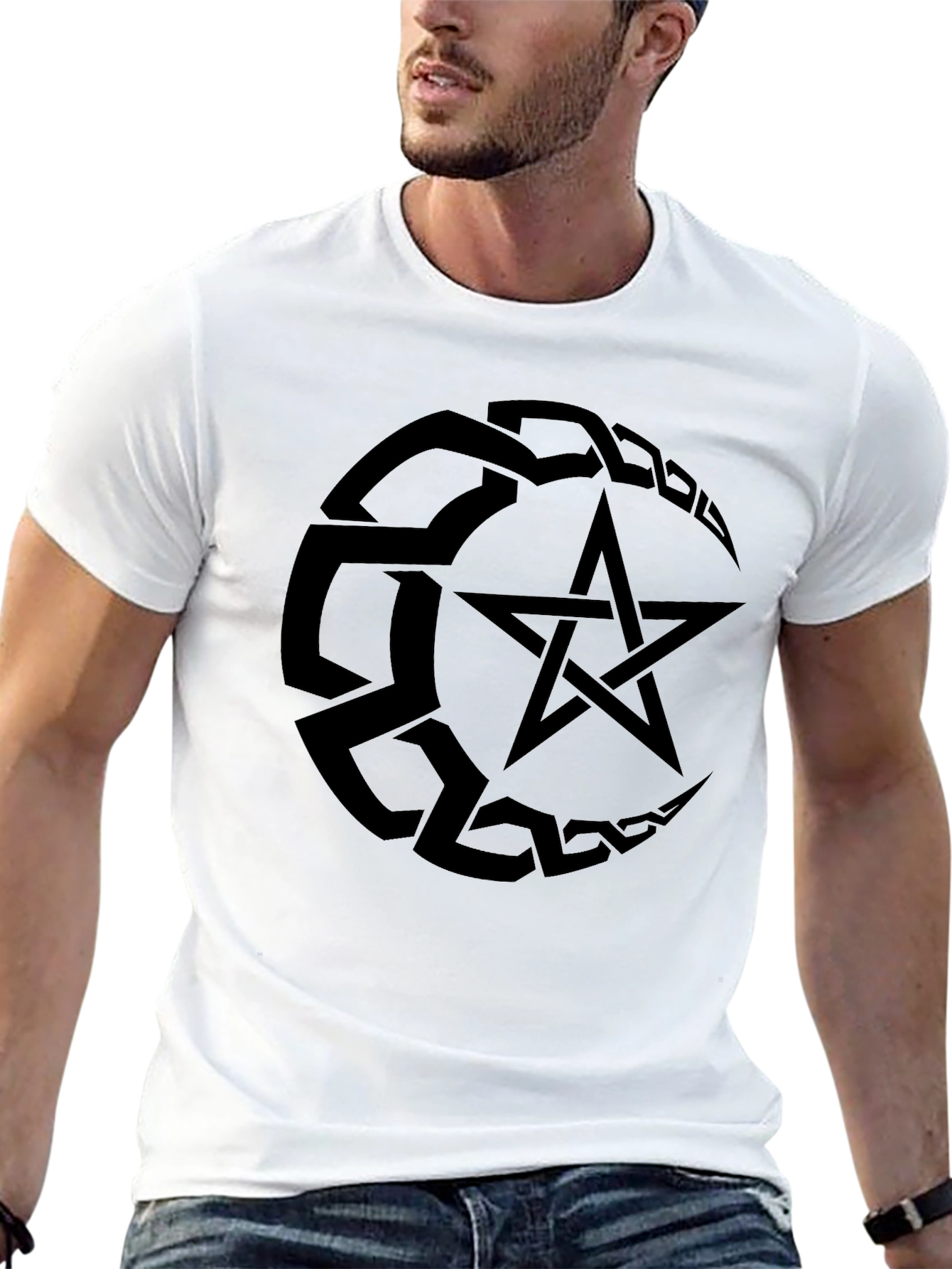 Black Men's Black T-Shirt with Pentagram Design view 13