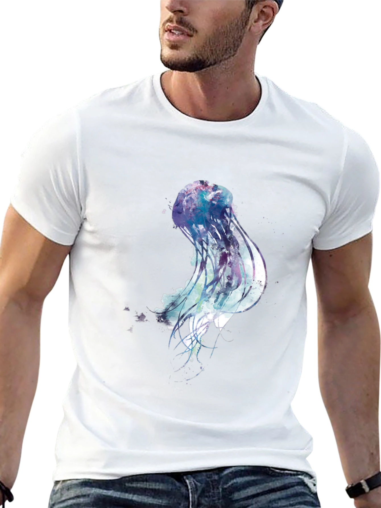 Black Jellyfish Watercolor Graphic Print Black T-Shirt view 13