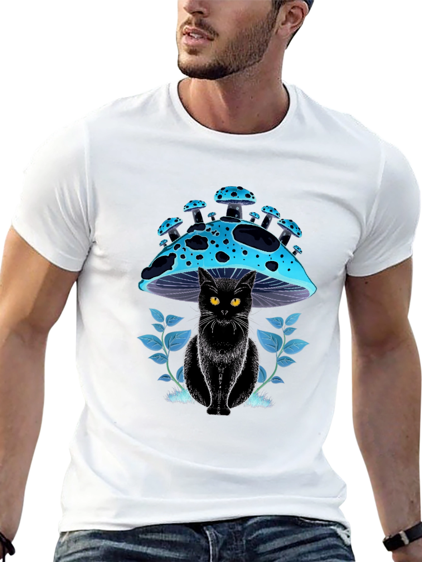 Black Black Cat Mushroom T-Shirt - Unique Graphic Tee view 13