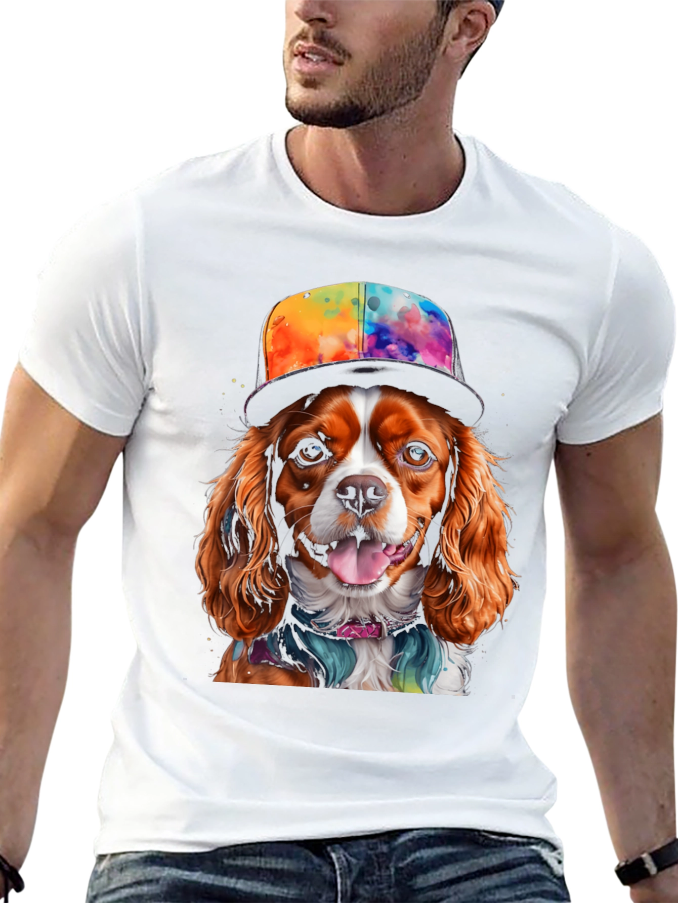 Black Cool Dog T-Shirt: Cavalier in Colorful Hat view 13