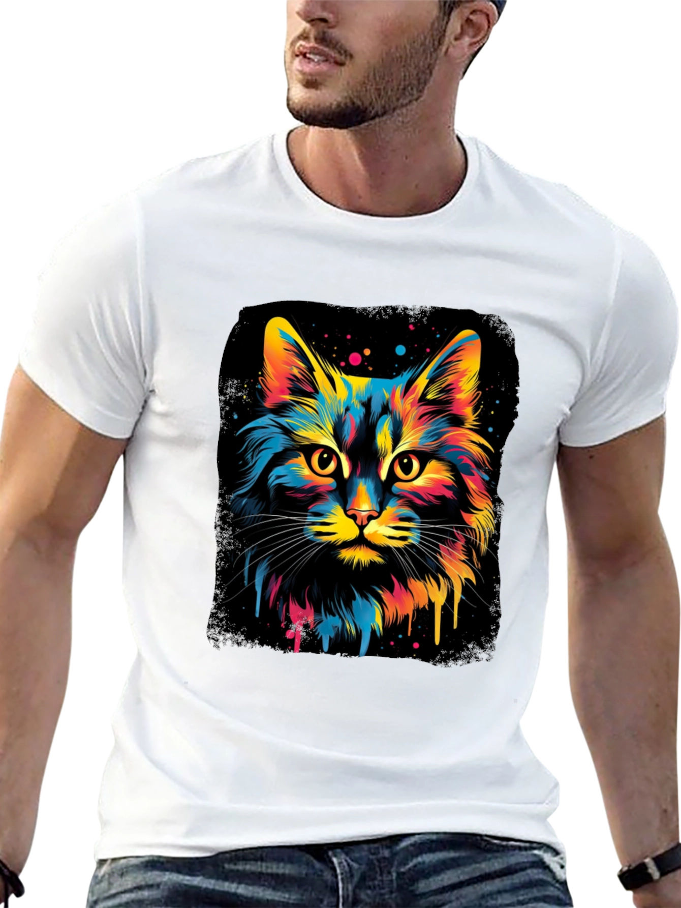 Black Colorful Cat Graphic Black T-Shirt view 13