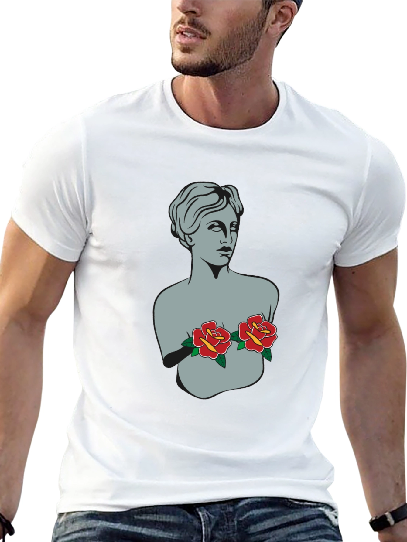 Statue Bust with Roses Graphic Tee - 13