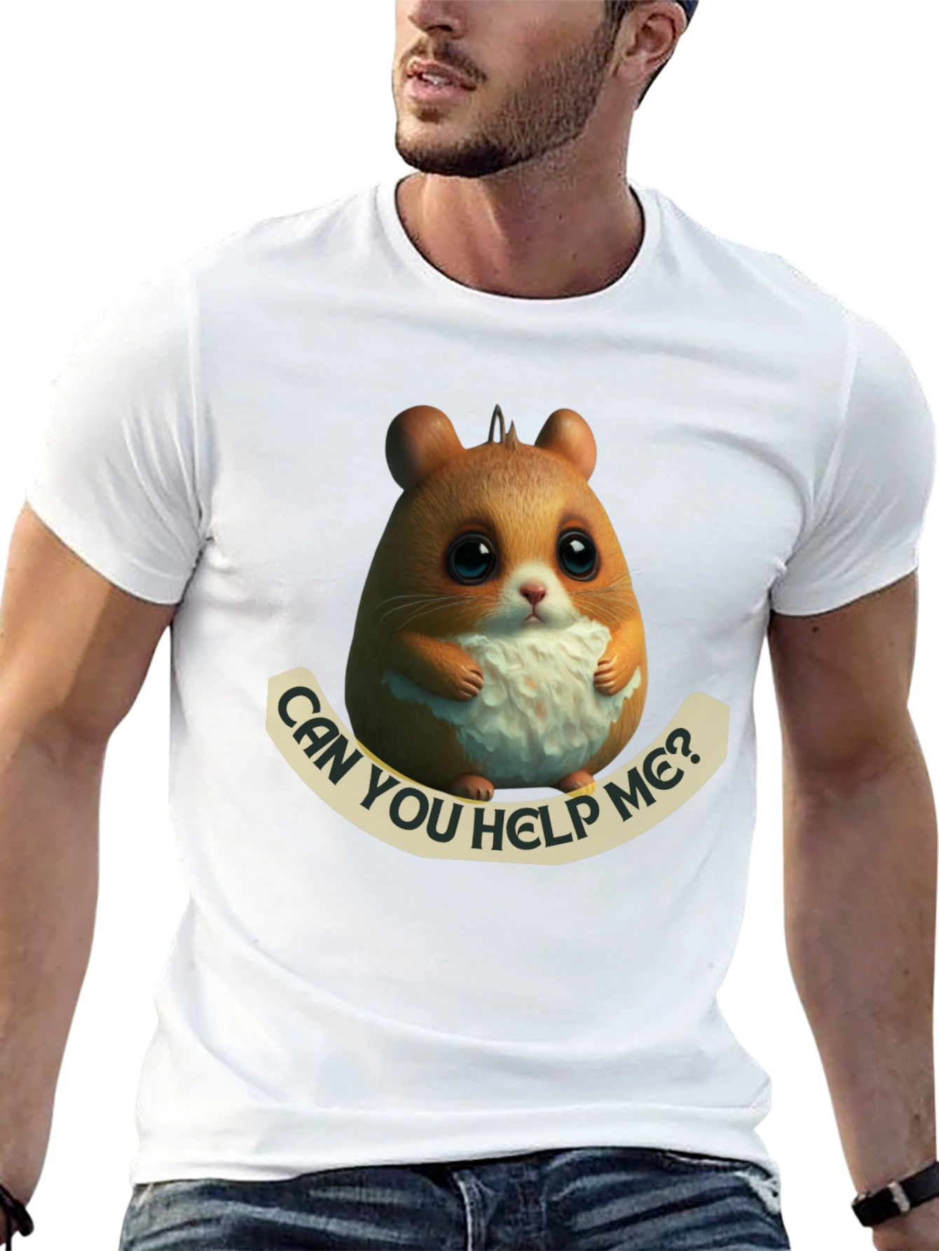 Black Cute Hamster 'Can You Help Me?' Graphic T-Shirt view 13