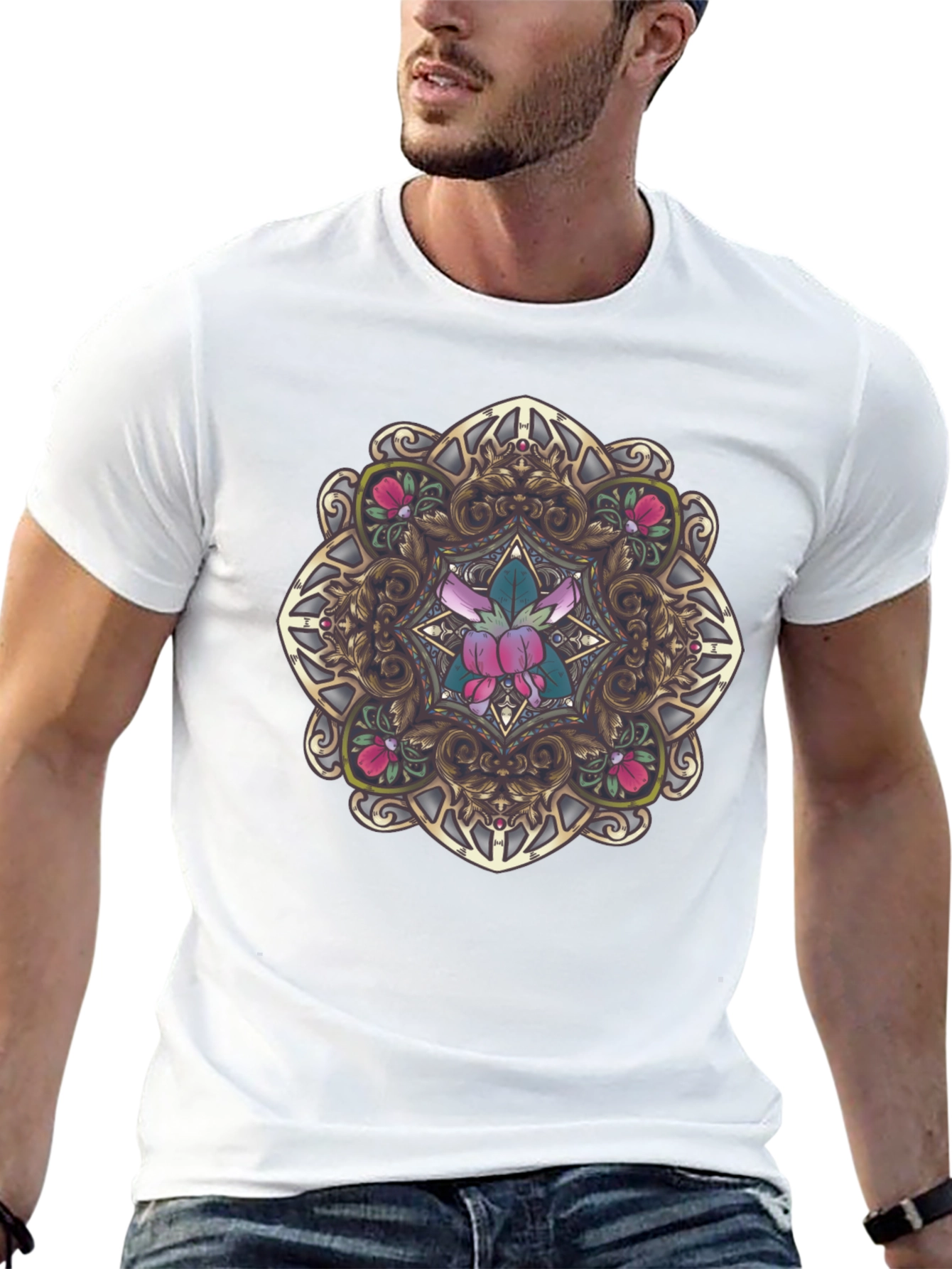 Black Ornate Floral Mandala Graphic Black T-Shirt view 13