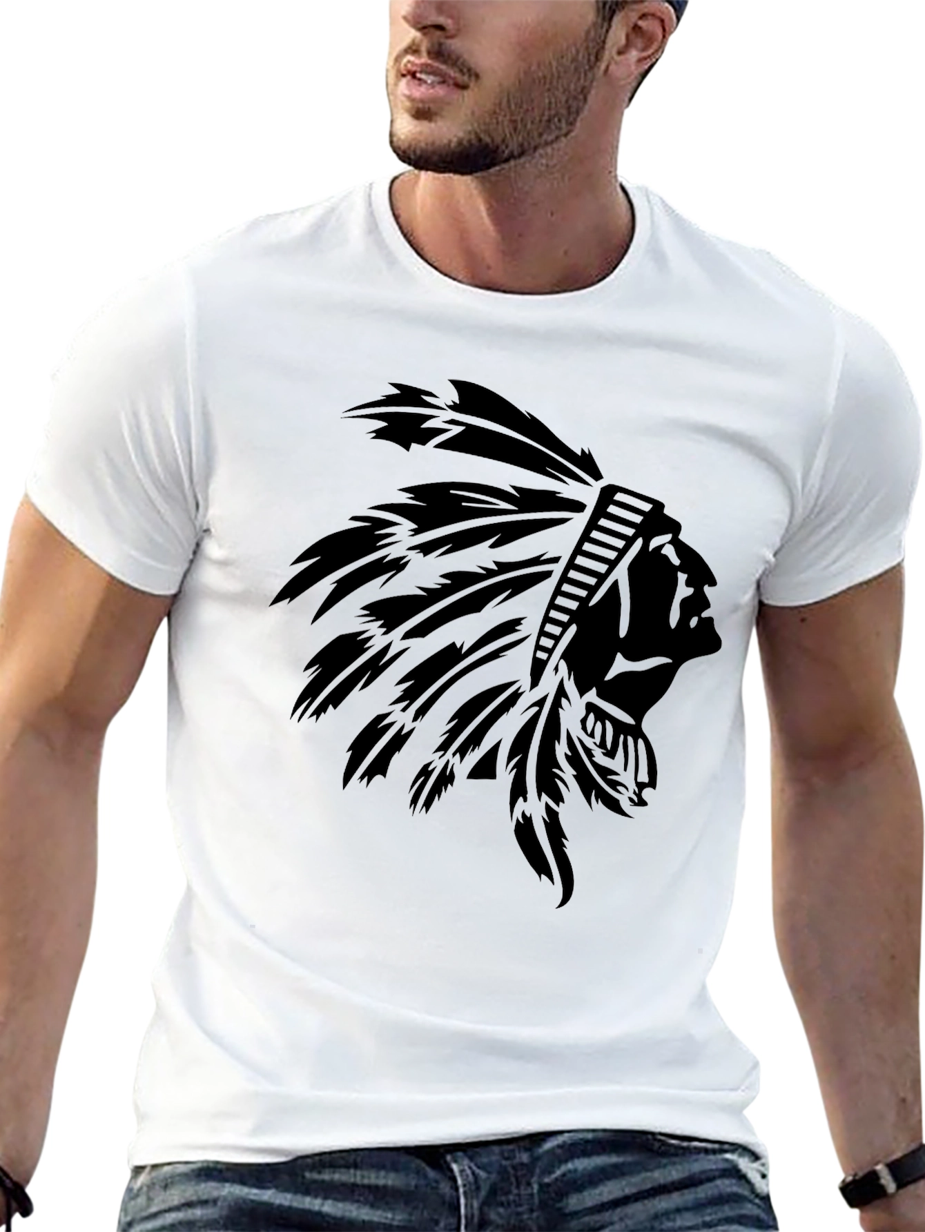 Black T-Shirt with Native American Headdress Graphic - 13