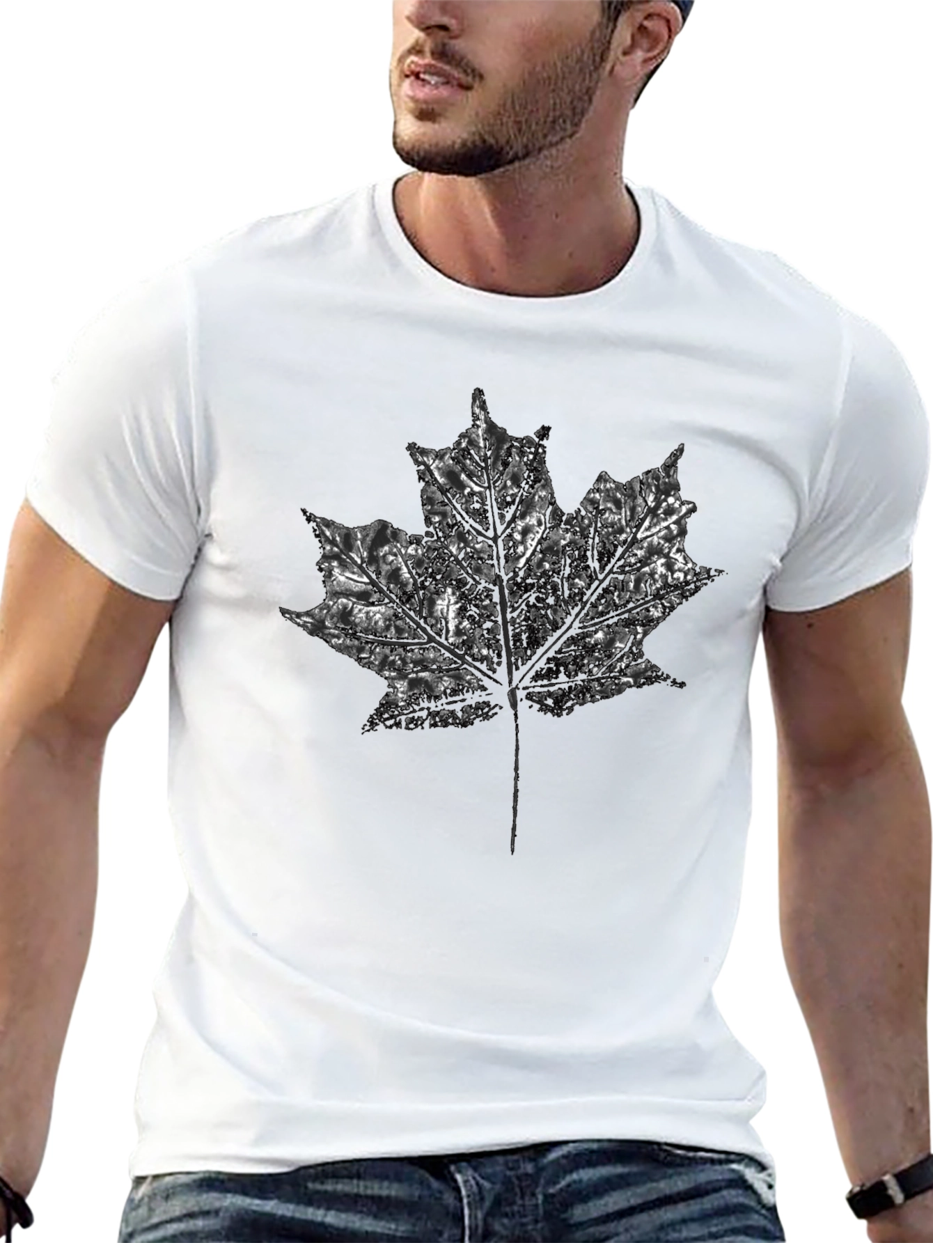 Black Maple Leaf Print Black Crew Neck T-Shirt view 13