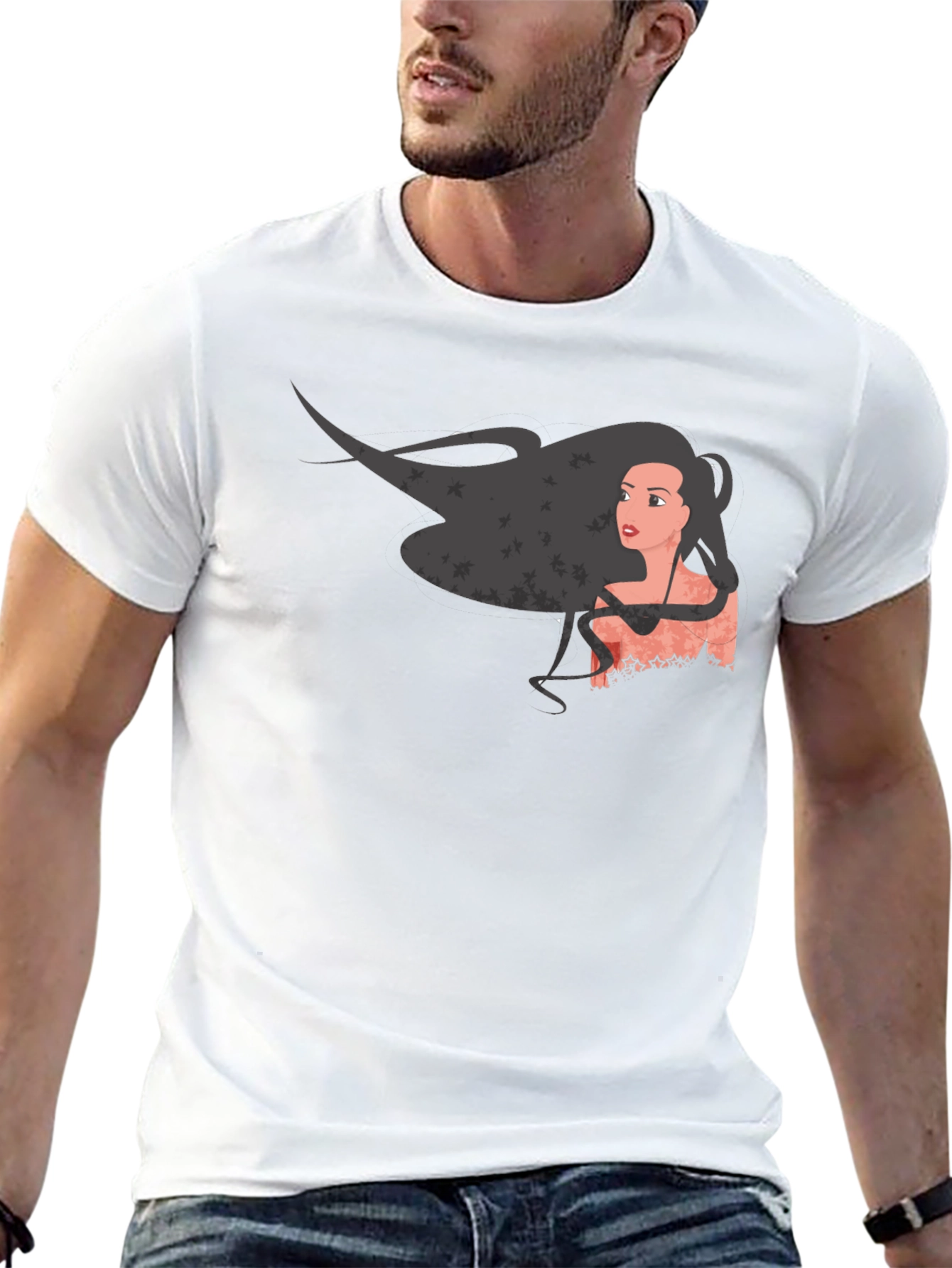 Black Graphic Print Black T-Shirt - Woman with Flowing Hair view 13
