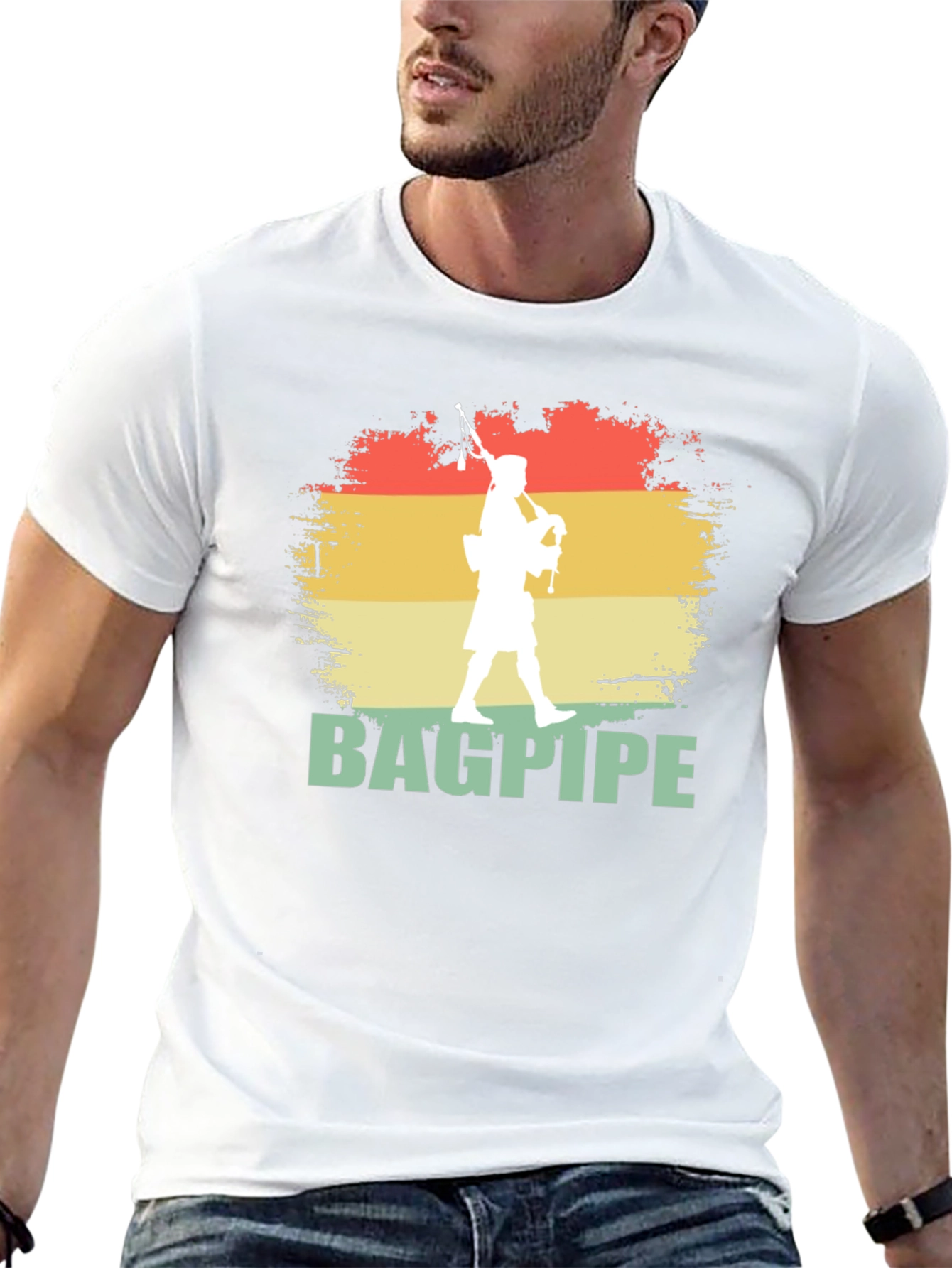 Black Bagpipe Player Graphic T-Shirt | Retro Style Design view 13
